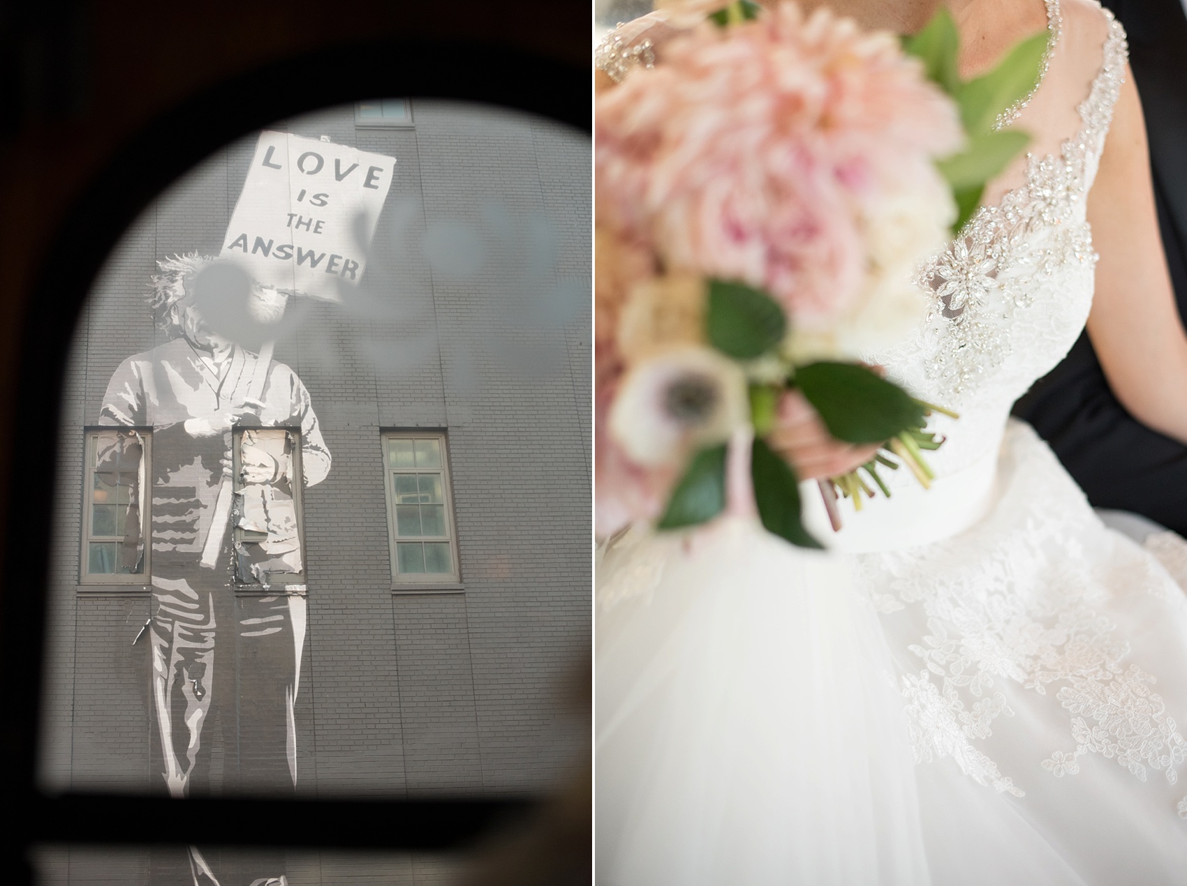 Bride and floral photos by NYC wedding photographer Mikkel Paige Photography. Flowers by Tracey Reynolds. Love is the answer graffiti in Manhattan!
