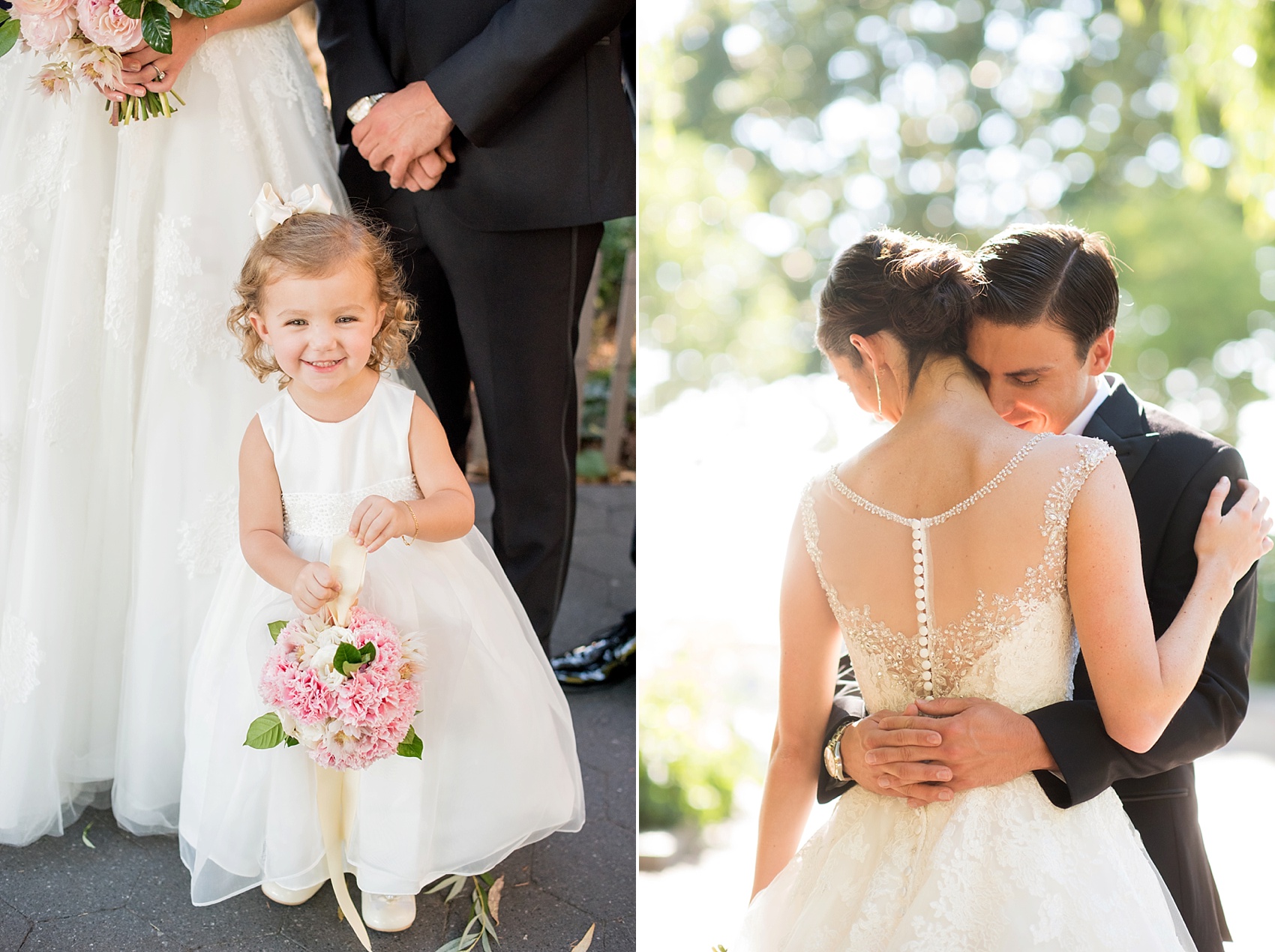 Bride and groom and flower girl photo in Battery Gardens by NYC wedding photographer, Mikkel Paige Photography.