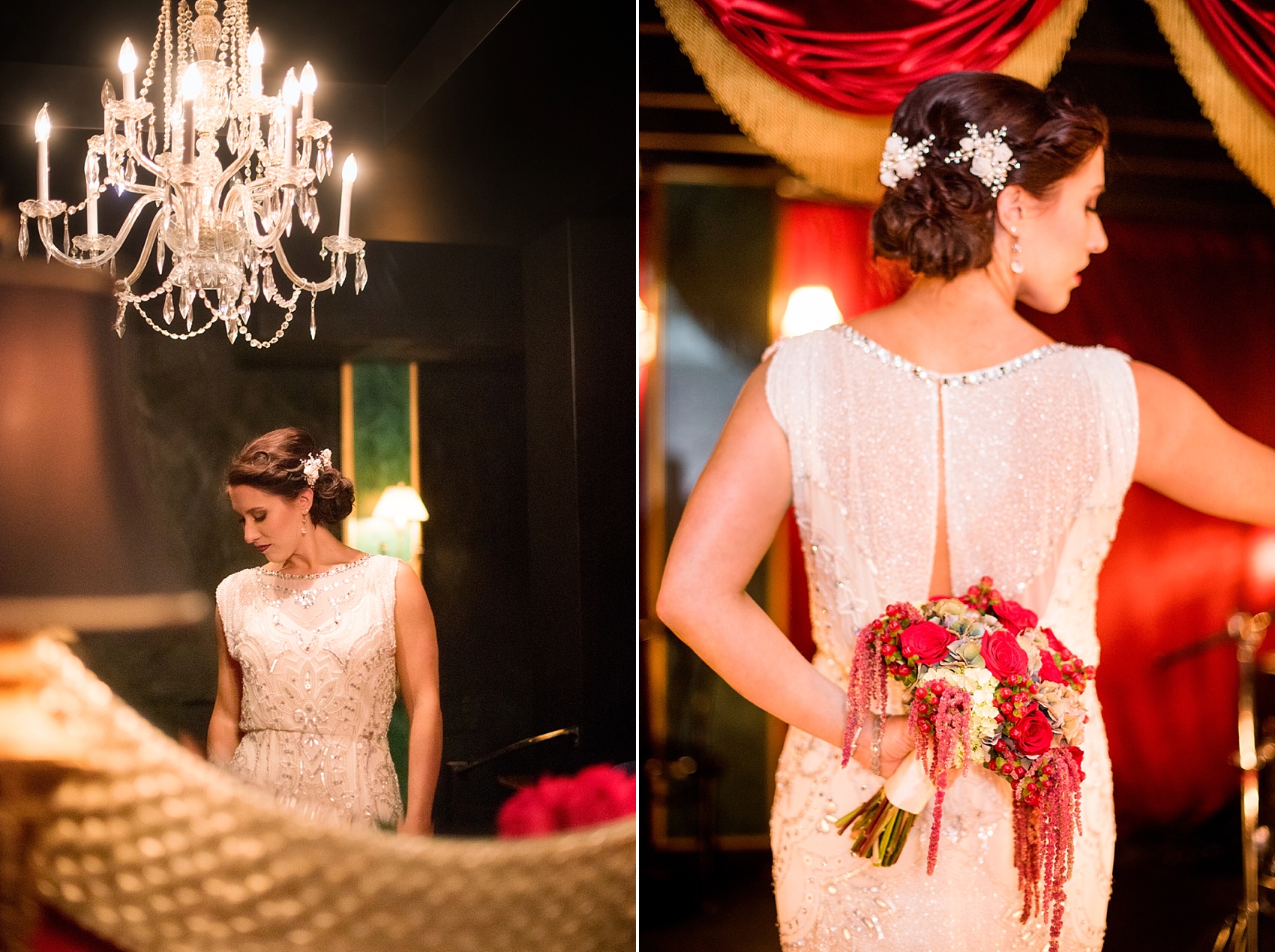 Downtown Raleigh jazz club bridal session by Mikkel Paige Photography. Flowers by Tre Bella Inc. 