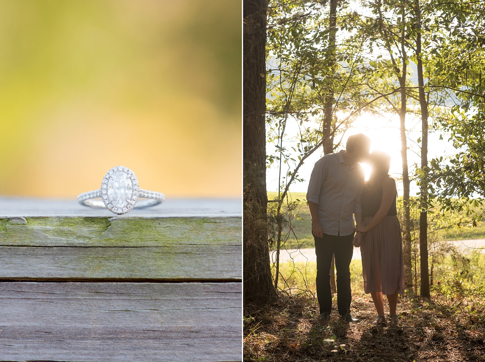 Raleigh, North Carolina engagement photos by Mikkel Paige Photography. Golden hour at Lake Raleigh with an oval diamond engagement ring.