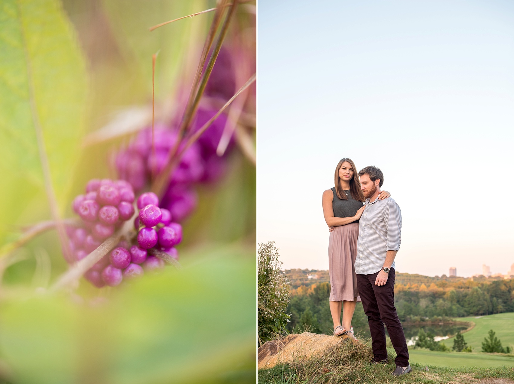 Raleigh, North Carolina engagement photos by Mikkel Paige Photography. Golden hour at Lonnie Poole golf course.