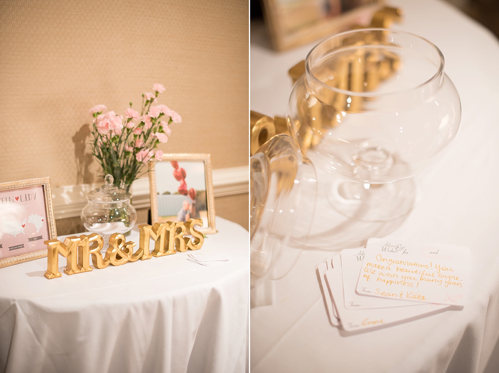 Raleigh wedding photos by Mikkel Paige Photography. Intimate wedding with Mr. and Mrs. gold sign and advice cards jar.