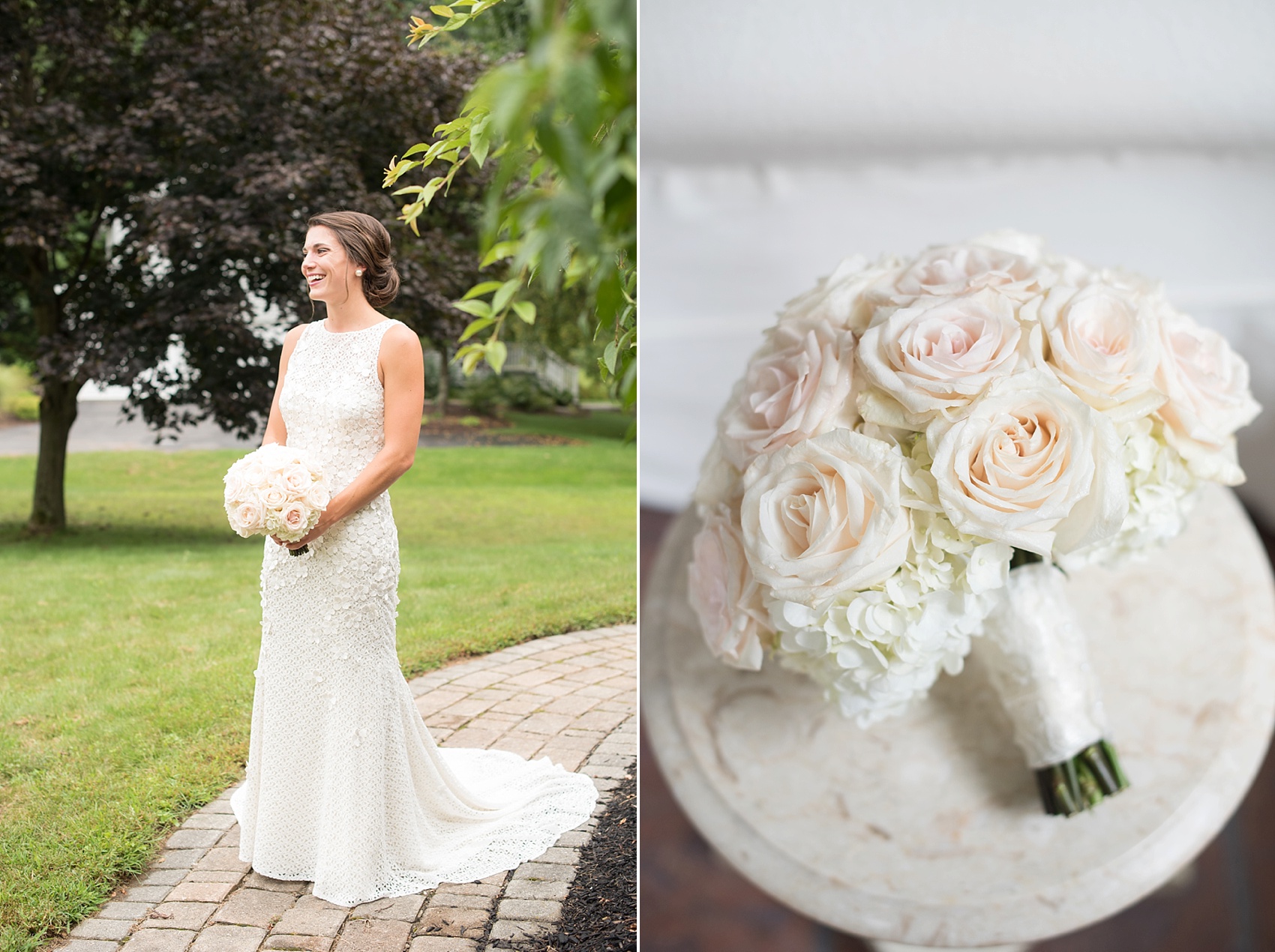 Bride and her white and hydrangea bouquet. Images by NYC wedding photographer Mikkel Paige Photography.