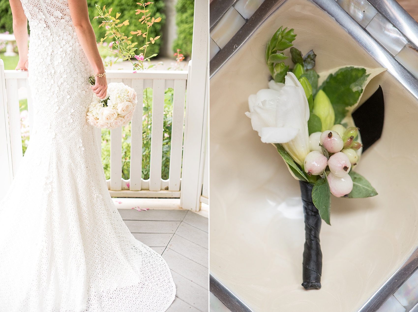 Bride in her lace gown and boutonniere with pink berries. Images by NYC wedding photographer Mikkel Paige Photography.