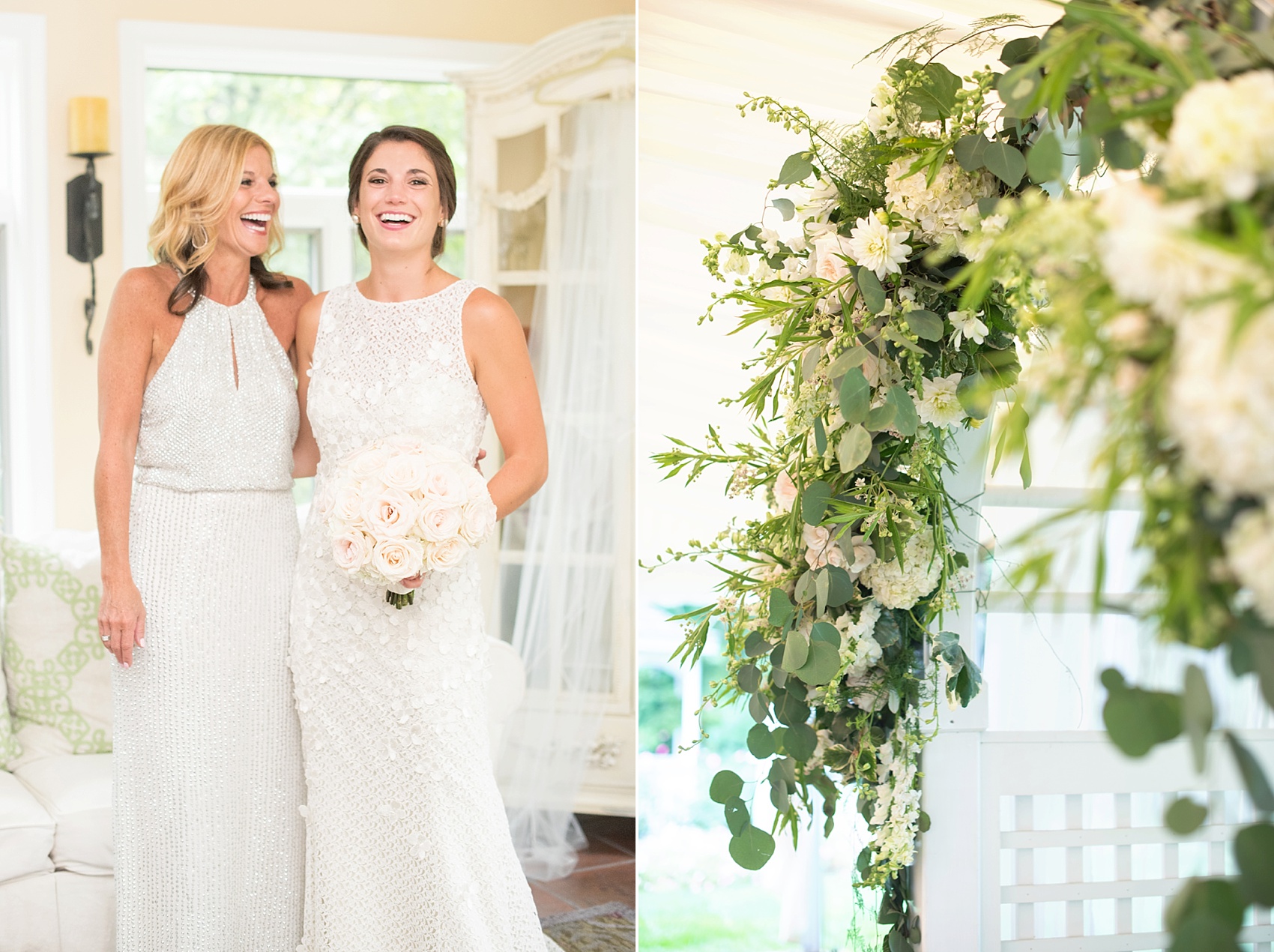Bride in her lace gown with her mother and altar flowers for her ceremony. Images by NYC wedding photographer Mikkel Paige Photography.