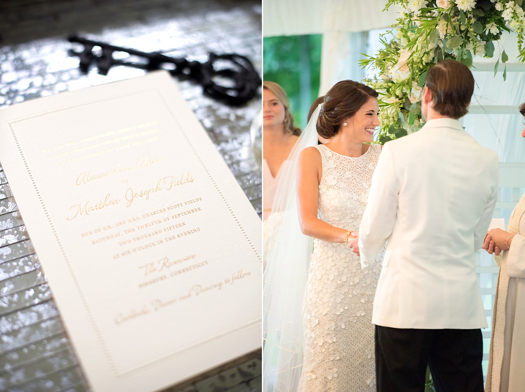 Wedding invitation suite in classic script and ecru. Photo by Mikkel Paige Photography.