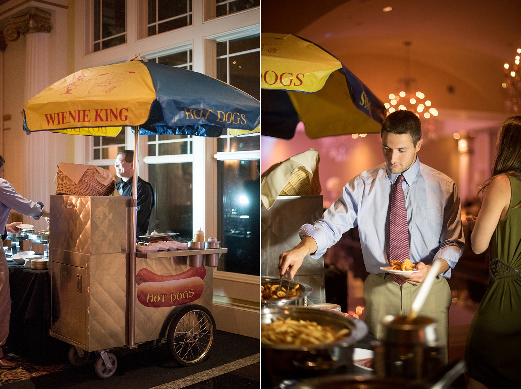 Late night hot dog and french fry cart for a wedding at The Riverview, Connecticut. Images by NYC wedding photographer Mikkel Paige Photography. Flowers by Diane Gaudett.