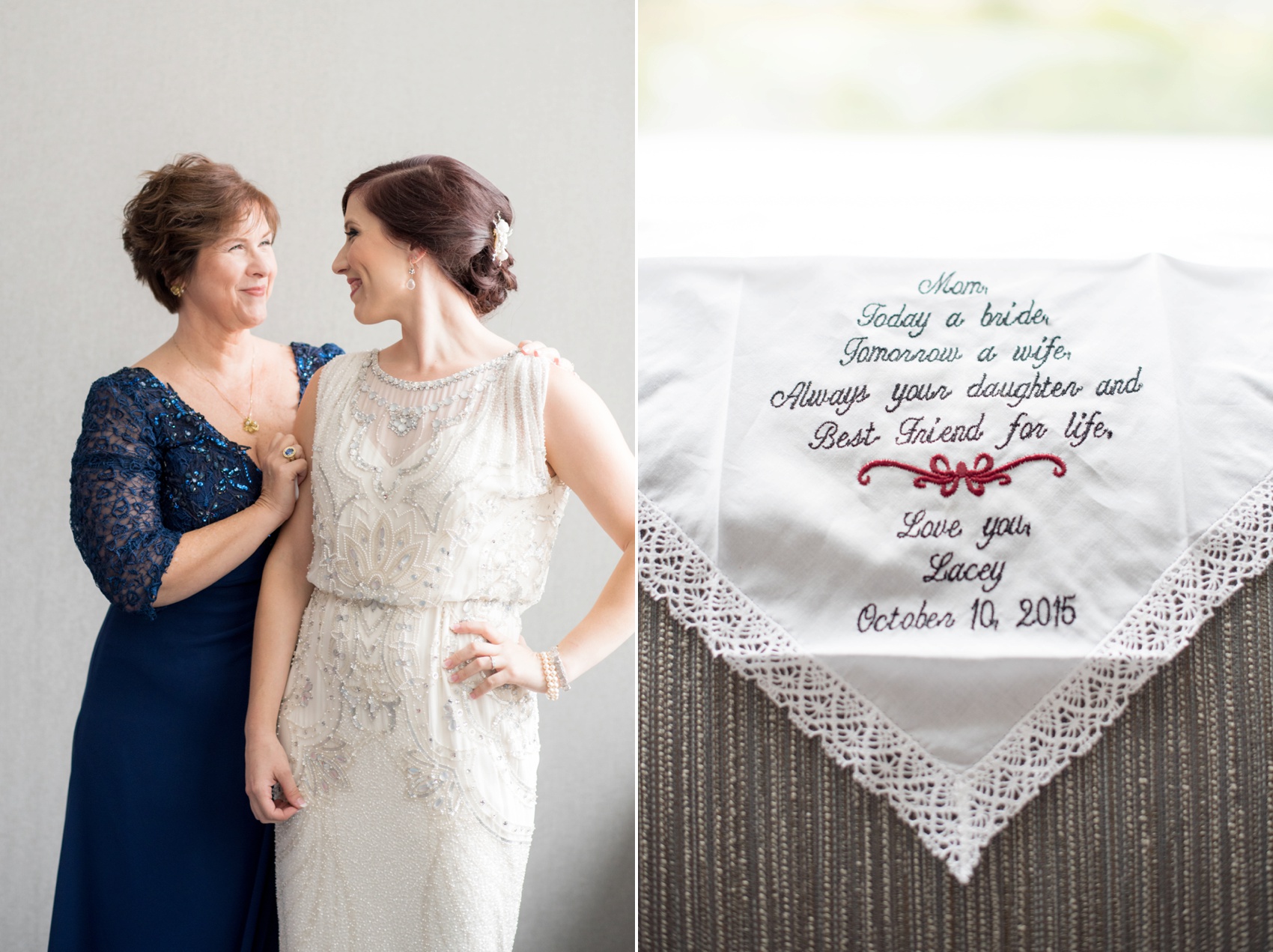 Bay 7 wedding photos by Mikkel Paige Photography. Raleigh wedding photographer, detail image of mother of the bride's embroidered handkerchief.