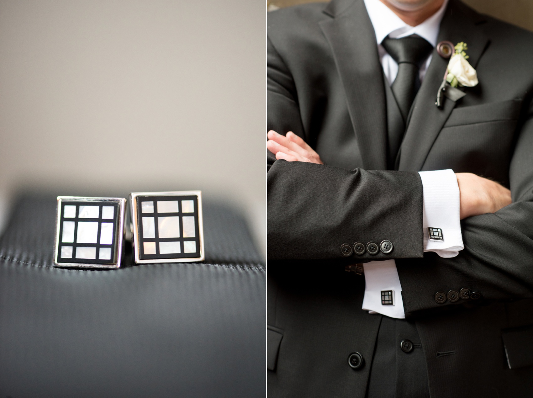 Bay 7 wedding photos by Mikkel Paige Photography. Raleigh wedding photographer captures the groom preparing and square black and mother of pearl cufflinks. 