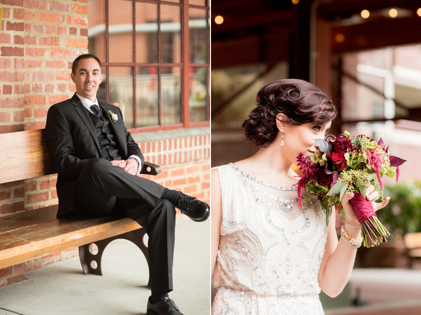 Bay 7 wedding photos by Mikkel Paige Photography. Raleigh wedding photographer detail image of the bride's romantic red and green bouquet by Tre Bella.