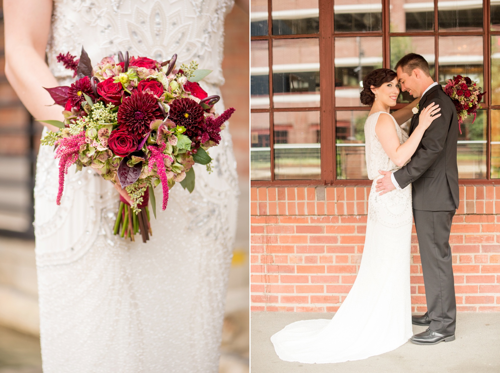 Bay 7 wedding photos by Mikkel Paige Photography. Raleigh wedding photographer captures the bride and groom's industrial outdoor portraits and bride's romantic red bouquet.