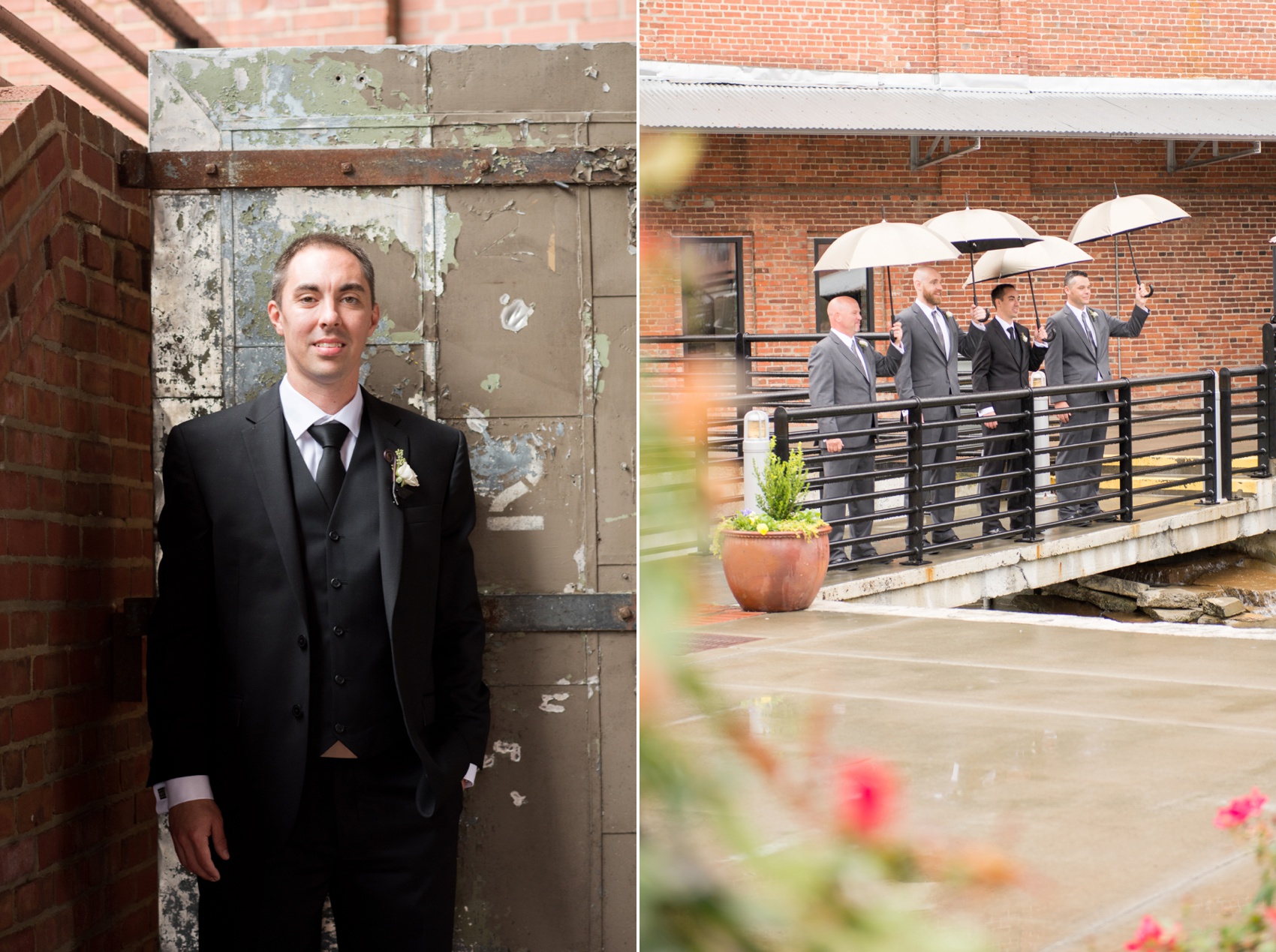 Bay 7 wedding photos by Mikkel Paige Photography. Raleigh wedding photographer captures the groomsmen in the rain with umbrellas.
