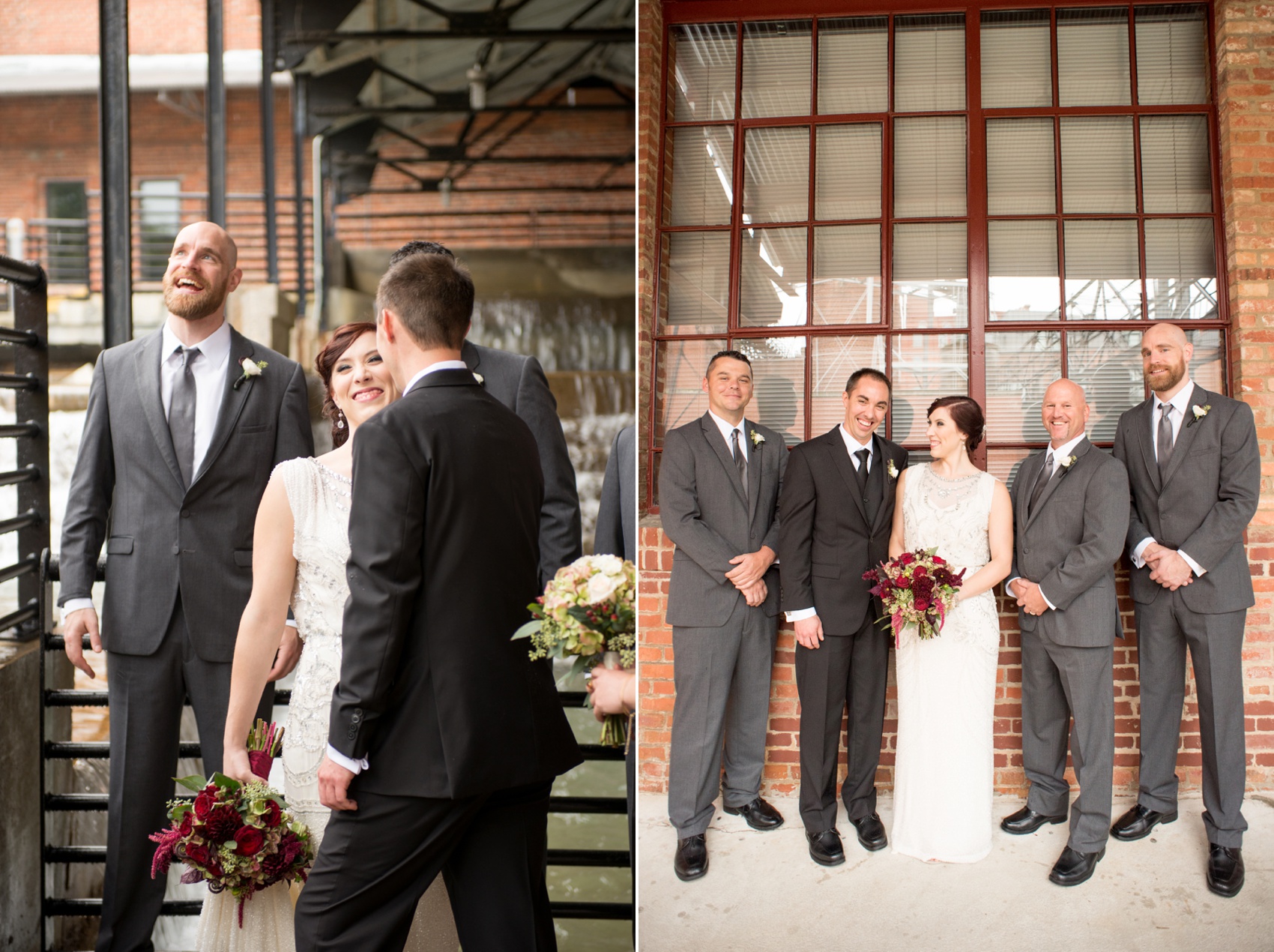 Bay 7 wedding photos by Mikkel Paige Photography. Raleigh wedding photographer captures the groomsmen in grey.