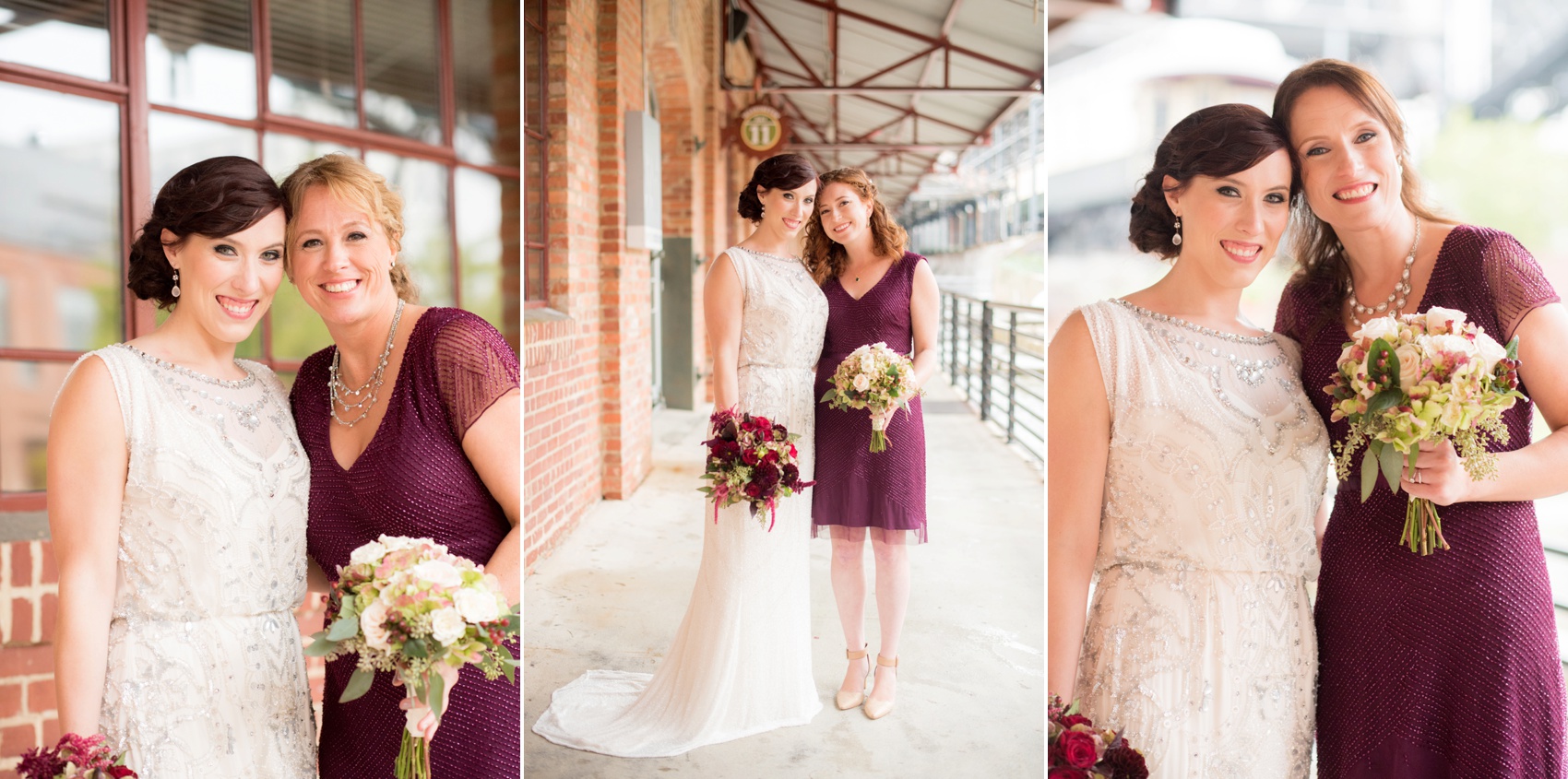 Bay 7 wedding photos by Mikkel Paige Photography. Raleigh wedding photographer captures the bridesmaids in beaded eggplant dresses.