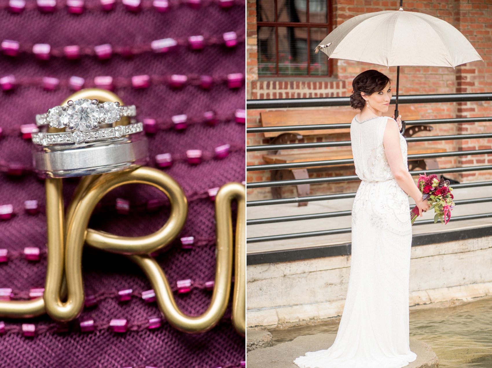 Bay 7 wedding photos by Mikkel Paige Photography. Raleigh wedding photographer captures the bride in her art deco gown in the rain with an umbrella and ring detail images.