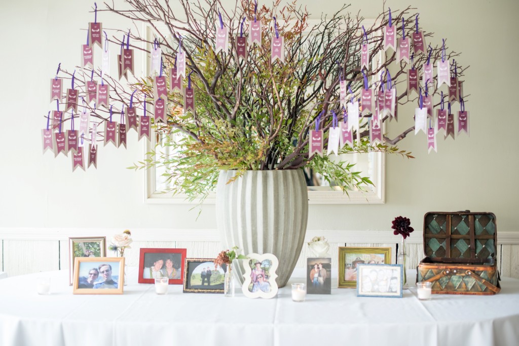 Crabtree Kittle's House wedding in NY. Images by Mikkel Paige Photography for a gay fall wedding. Custom purple escort card tags hung on fall branches by Fourteen-Forty.