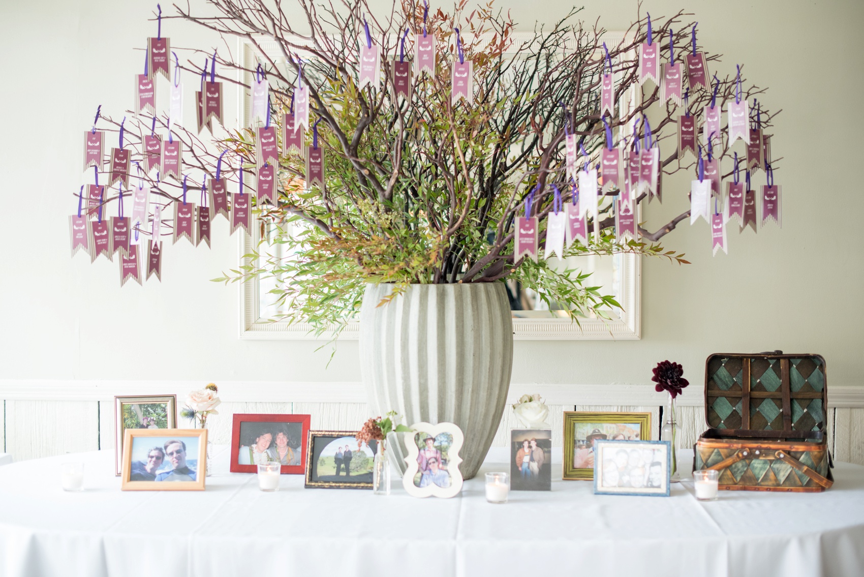 Crabtree Kittle's House wedding in NY. Images by Mikkel Paige Photography for a gay fall wedding. Custom purple escort card tags hung on fall branches by Fourteen-Forty.