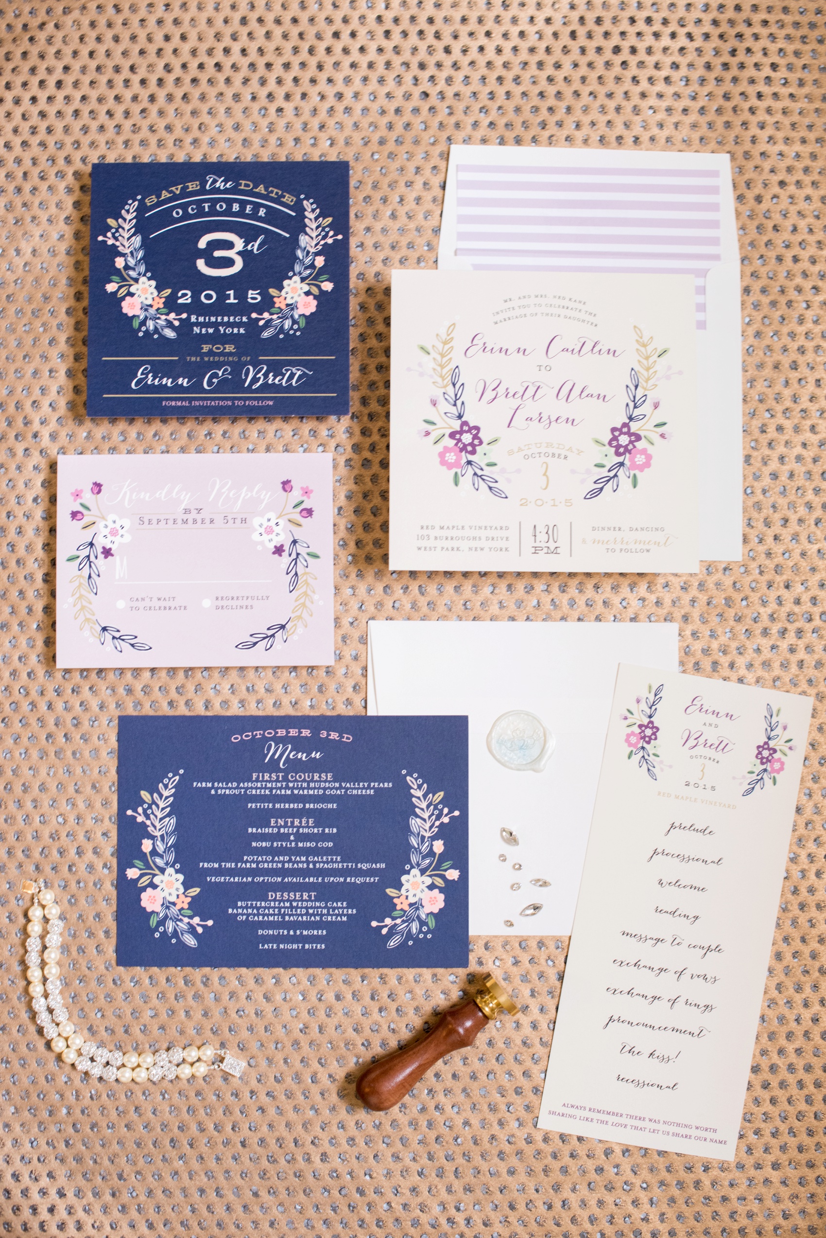 Navy and purple floral wedding invitation. Photo by NYC wedding photographer Mikkel Paige Photography.