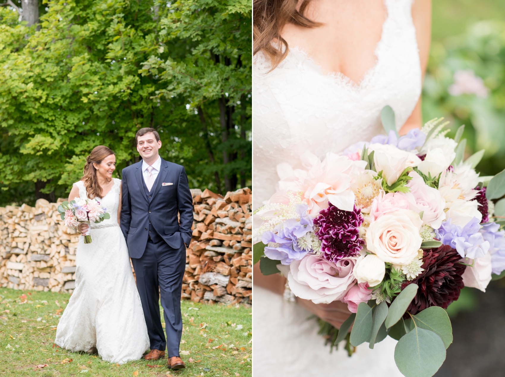 A Red Maple Vineyard wedding first look and bride's dahlia and sweet pea bouquet. Photo by NYC wedding photographer Mikkel Paige Photography.