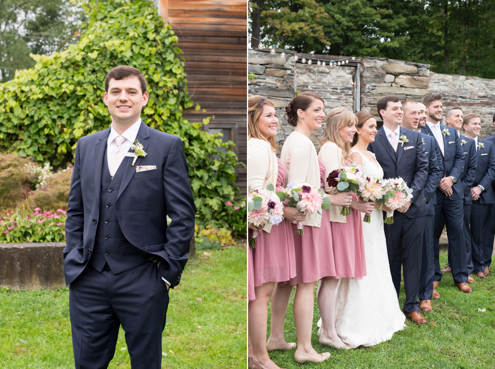 A Red Maple Vineyard wedding party with the bridal party in dusty rose dresses and groomsmen in navy. Photo by NYC wedding photographer Mikkel Paige Photography.