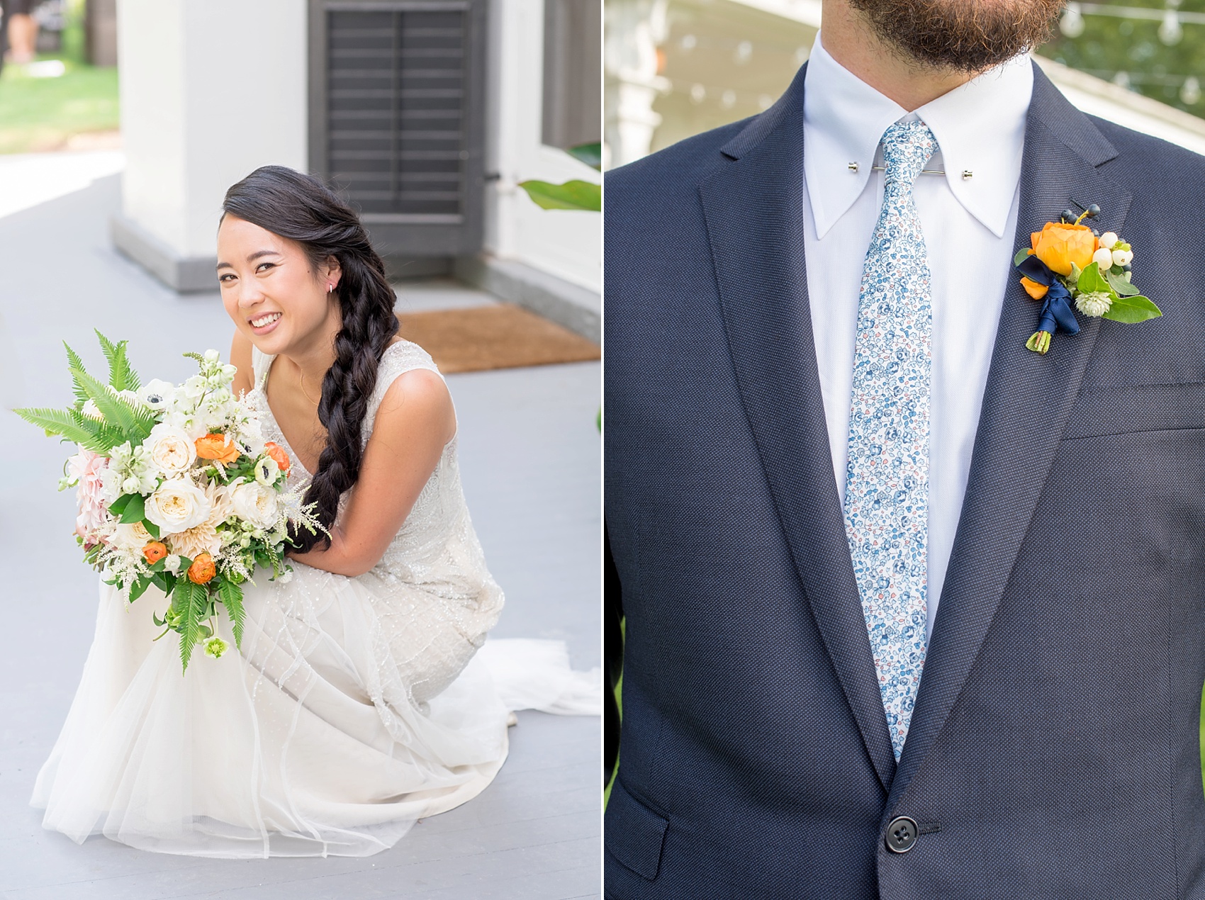 Orange flowers and floral tie at a NY wedding at Southwood Estate. Images by Mikkel Paige Photography, NYC wedding photographer.