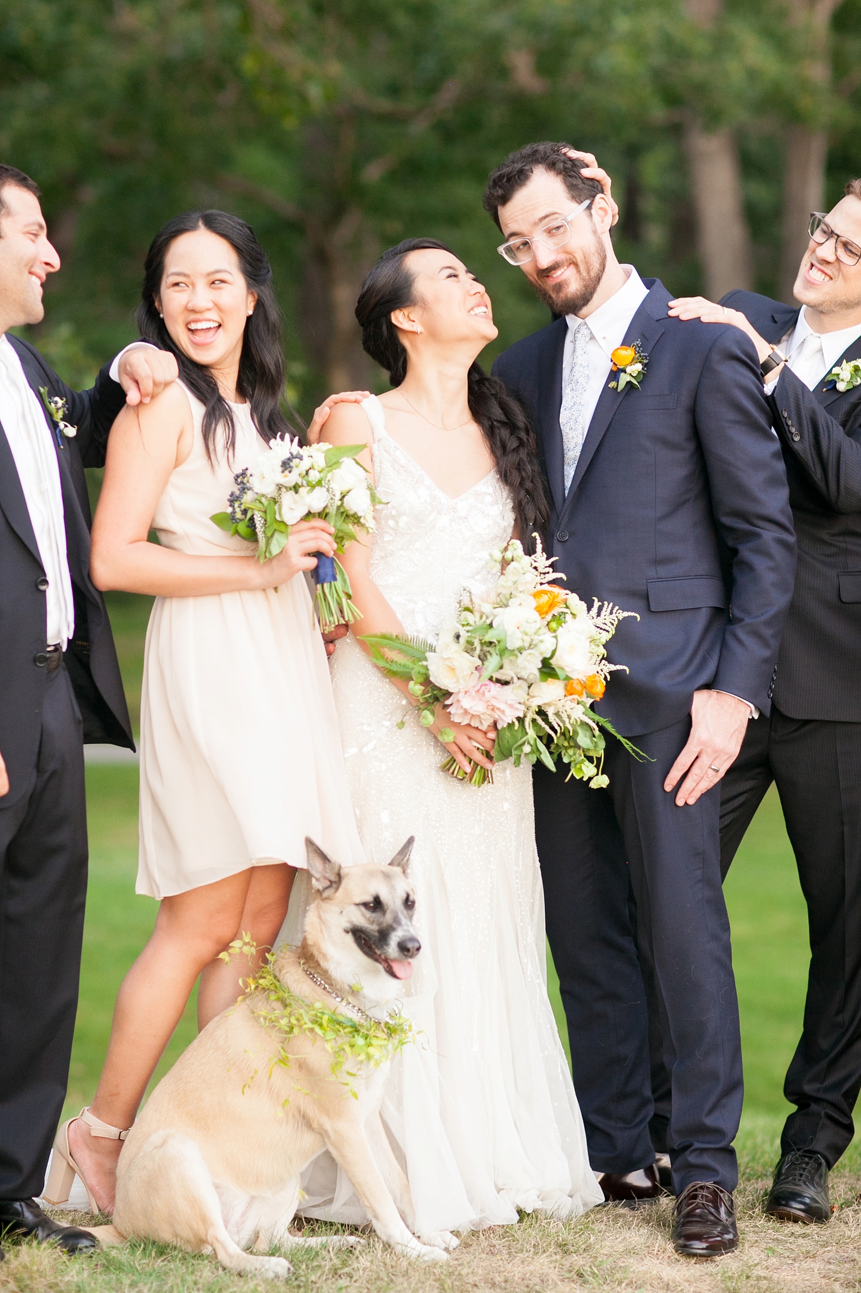 NY wedding at Southwood Estate. Images by Mikkel Paige Photography, NYC wedding photographer. Cream and blush bridesmaids and wildflower bouquets of white, blue, green and orange by Sachi Rose. Beaded wedding gown and groomsmen in navy suits.