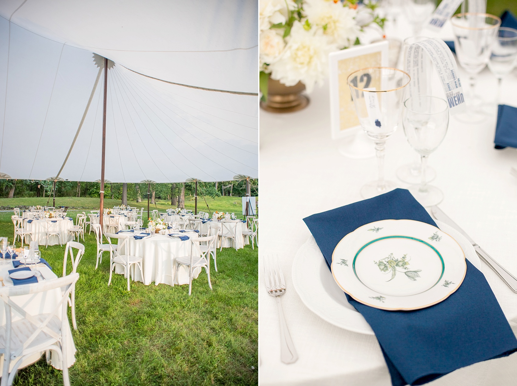 NY wedding at Southwood Estate. Images by Mikkel Paige Photography, NYC wedding photographer. Cream and blush bridesmaids and wildflower bouquets of white, blue, green and orange by Sachi Rose. Tented lake front reception with blue linens and vintage plates, and orange and blue flowers.