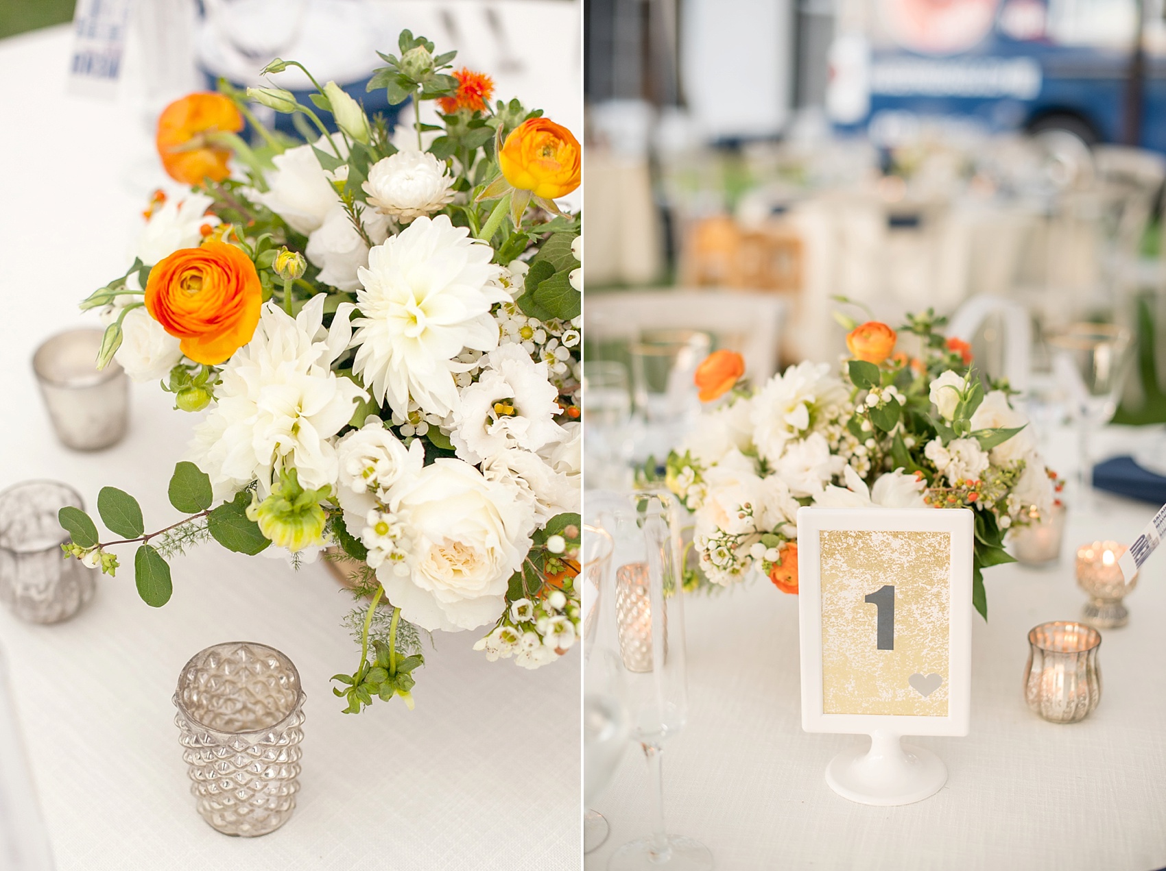 NY wedding at Southwood Estate. Images by Mikkel Paige Photography, NYC wedding photographer. Tented lake front reception with blue linens and vintage plates, and orange and blue flowers by Sachi Rose.