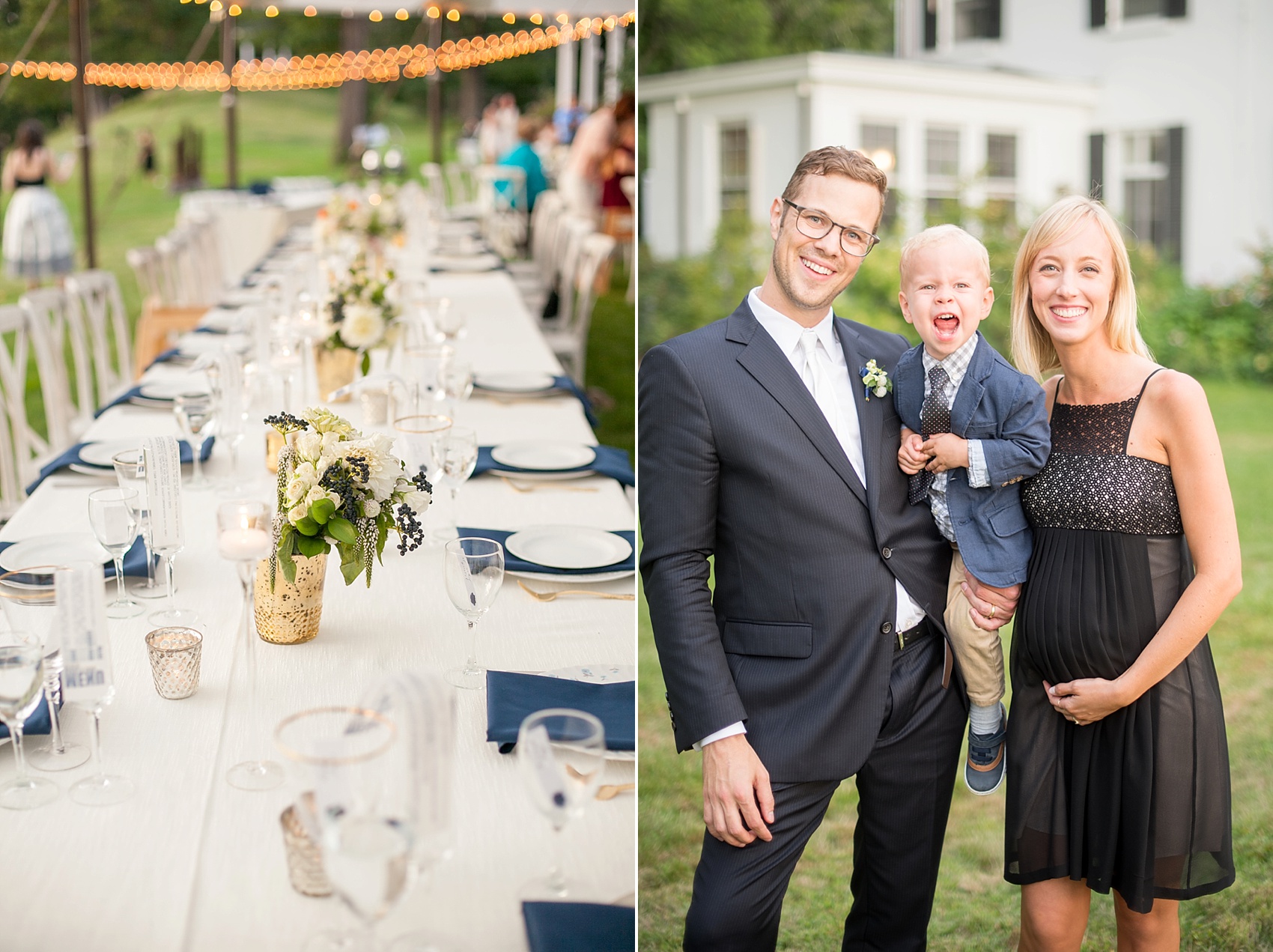 NY wedding at Southwood Estate. Images by Mikkel Paige Photography, NYC wedding photographer. Tented lake front reception with blue linens and vintage plates, and orange and blue flowers by Sachi Rose. 