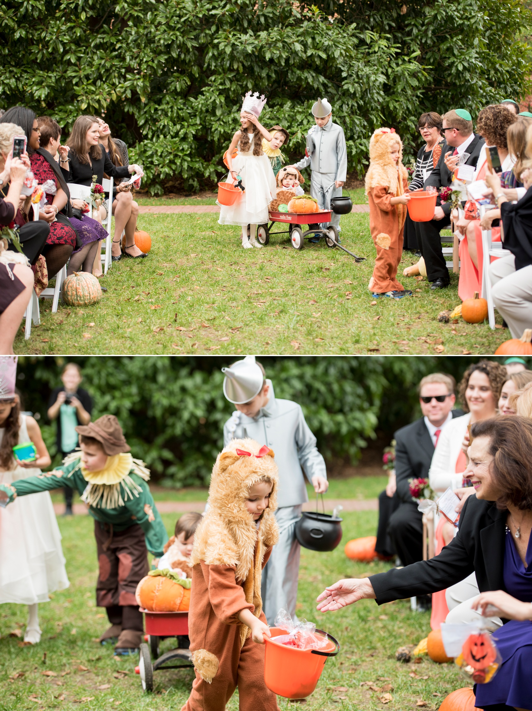 Halloween wedding with The Wizard of Oz flower girl and ring bearers. Photos by Mikkel Paige Photography for a wedding at The Carolina Inn, Chapel Hill, NC.
