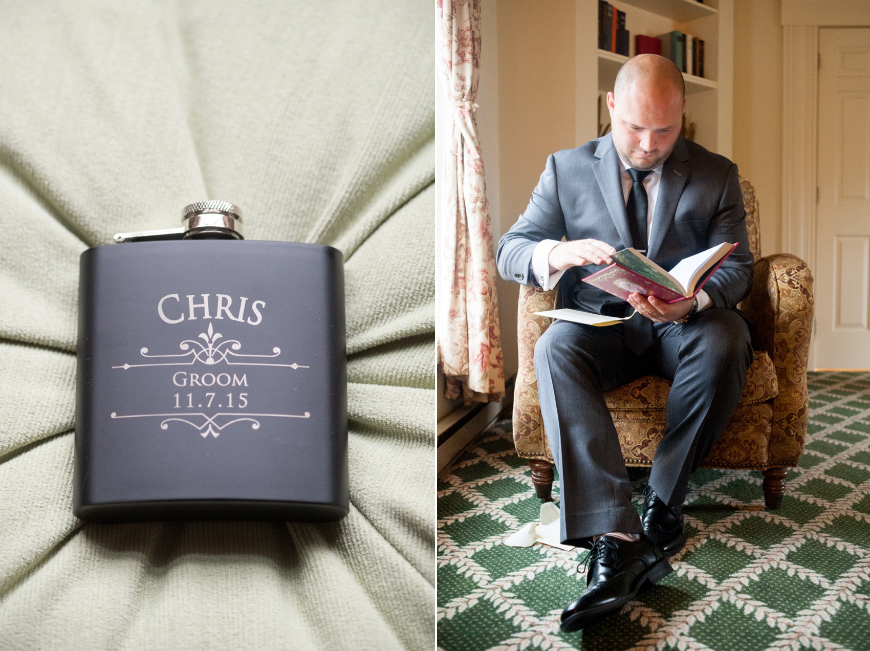 Olde Mill Inn New Jersey wedding by Mikkel Paige Photography, NYC and Raleigh wedding photographer. Groom flask.
