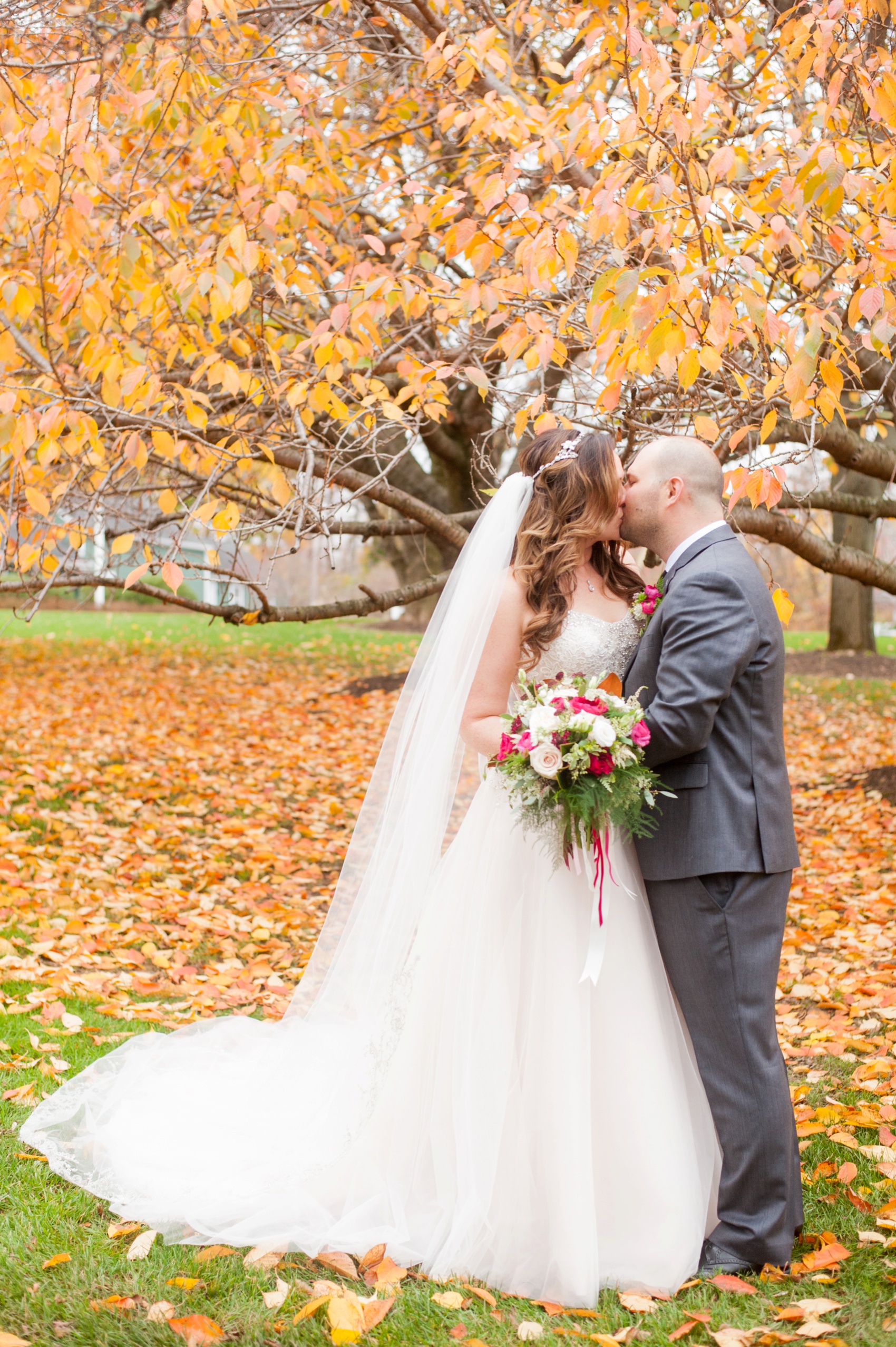 Olde Mill Inn New Jersey wedding by Mikkel Paige Photography, NYC and Raleigh wedding photographer. Bride and groom fall photos first look with flowers by The Arrangement and gown from Kleinfelds.