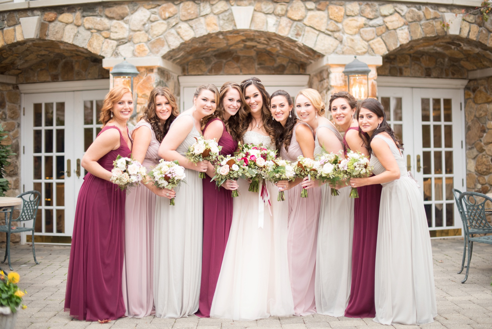 Olde Mill Inn New Jersey wedding by Mikkel Paige Photography, NYC and Raleigh wedding photographer. Bridal wedding party fall photos with burgundy, grey and dusty rose gowns.