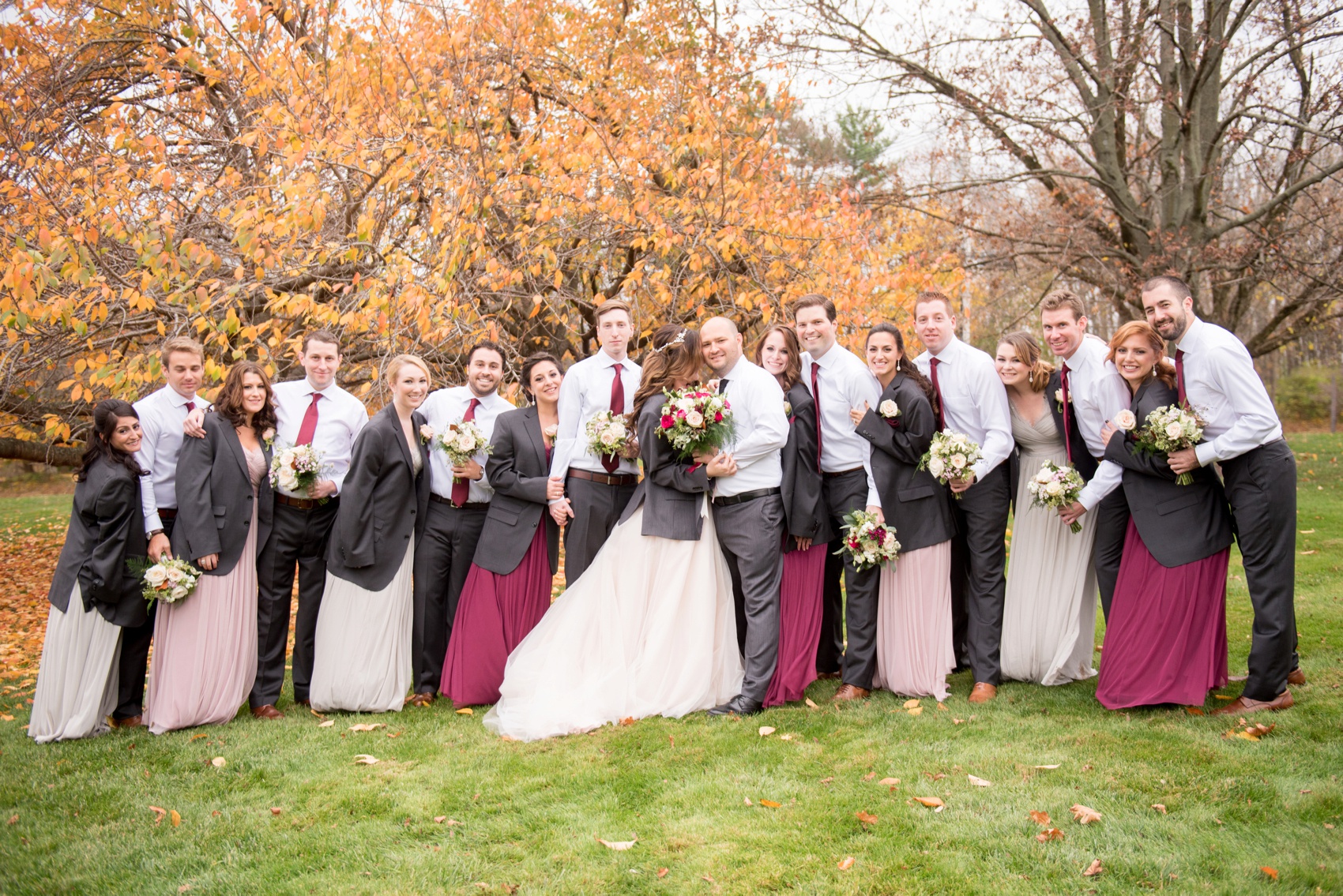 Olde Mill Inn New Jersey wedding by Mikkel Paige Photography, NYC and Raleigh wedding photographer. Creative bridal wedding party fall photos with burgundy, grey and dusty rose gowns.