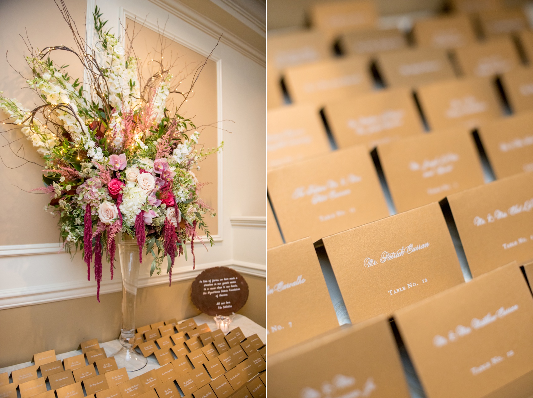 Olde Mill Inn wedding ceremony by Mikkel Paige Photography, NYC and Raleigh wedding photographer. Flowers by The Arrangement with gold escort cards.