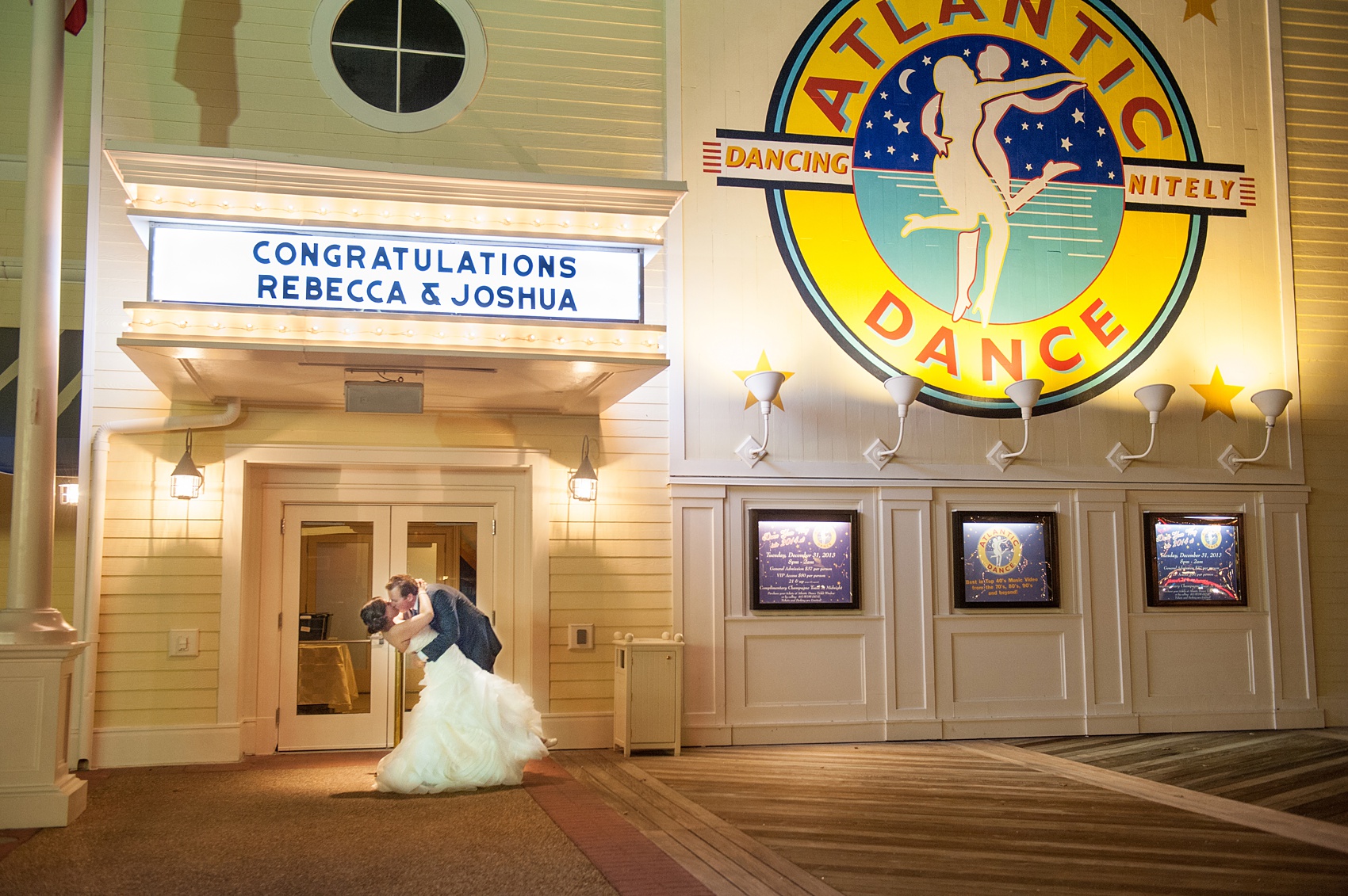 Walt Disney World wedding pictures at the Boardwalk venue, including a waterfront ceremony and Dance Hall reception near Epcot. These photos will give you unique, fun ideas from Glow in the Dark invitations to their Dole Whip flavored cake! Want to see more? Click through to Mikkel Paige Photography for more inspiration from this bride and groom's colorful day! #DisneyWedding #mikkelpaige #disneysboardwalk #DisneyWeddingVenue #DisneyBride #DisneyFan #MickeyEars