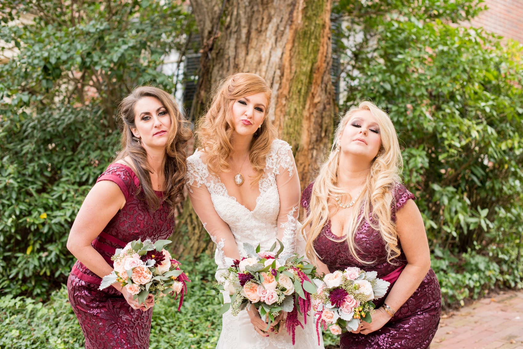 The Carolina Inn wedding photos by Mikkel Paige Photography, Raleigh wedding photographer. Planning by A Swanky Affair and flowers by Tres Bella. Bridesmaids in burgundy sequins. 