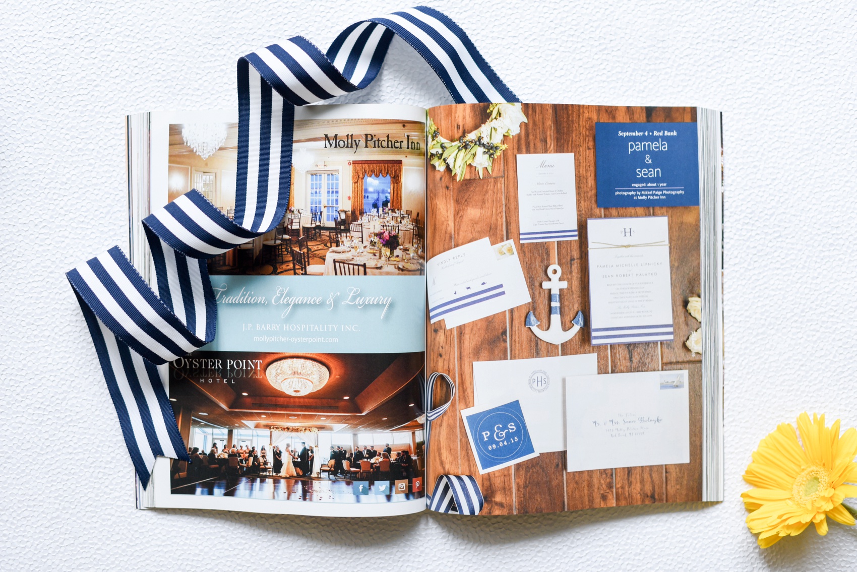 Mikkel Paige Photography featured wedding in The Knot New Jersey. Nautical yellow and navy blue themed.