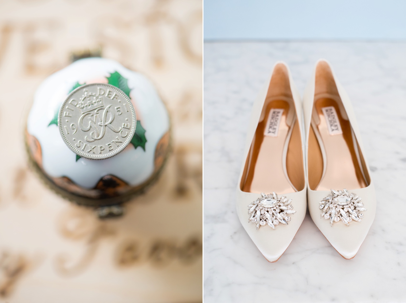 Omni Bedford Springs Resort wedding photos by Mikkel Paige Photography. White and rhinestone Badgley Mischka wedding heels and a sixpence for the bride's shoe.