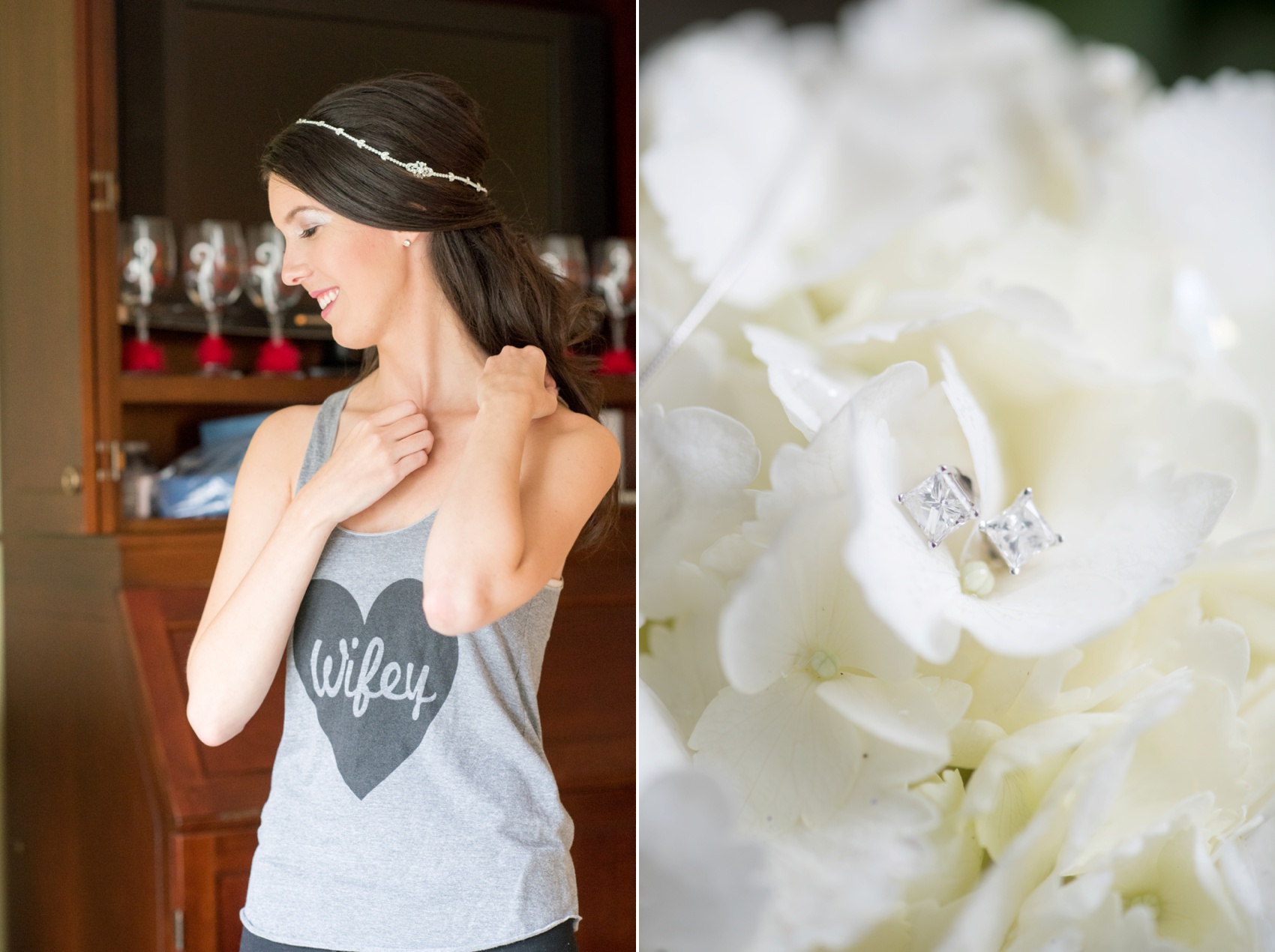 Omni Bedford Springs Resort wedding photos by Mikkel Paige Photography. The bride gets ready in her Wifey tank top with square diamond earrings.