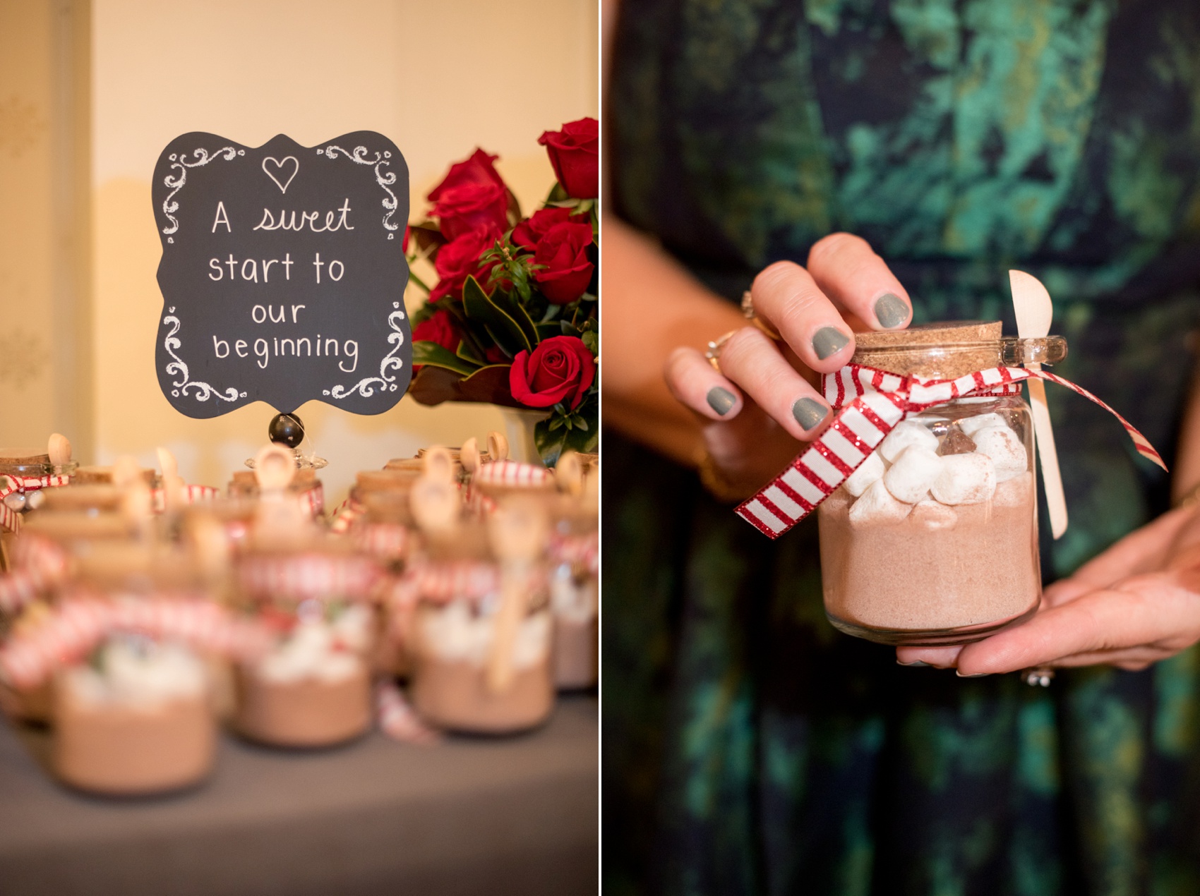 Omni Bedford Springs Resort wedding photos by Mikkel Paige Photography. Christmas holiday winter wonderland day with red and white color palette. Winter hot chocolate guest favors and station signage.