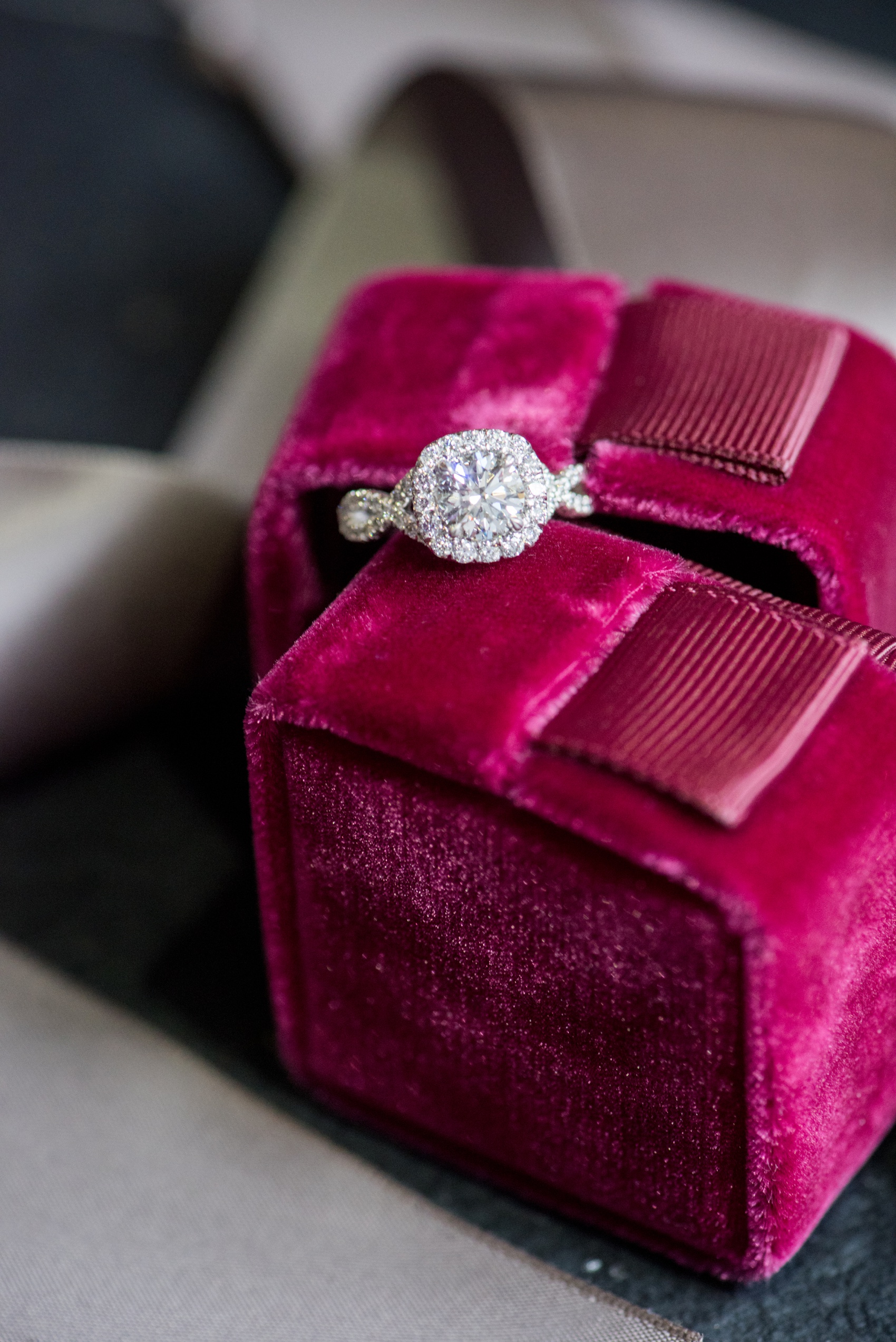 Mim's House NC proposal photos by Mikkel Paige Photography. Red velvet ring box and Tacori Bailey's ring image.