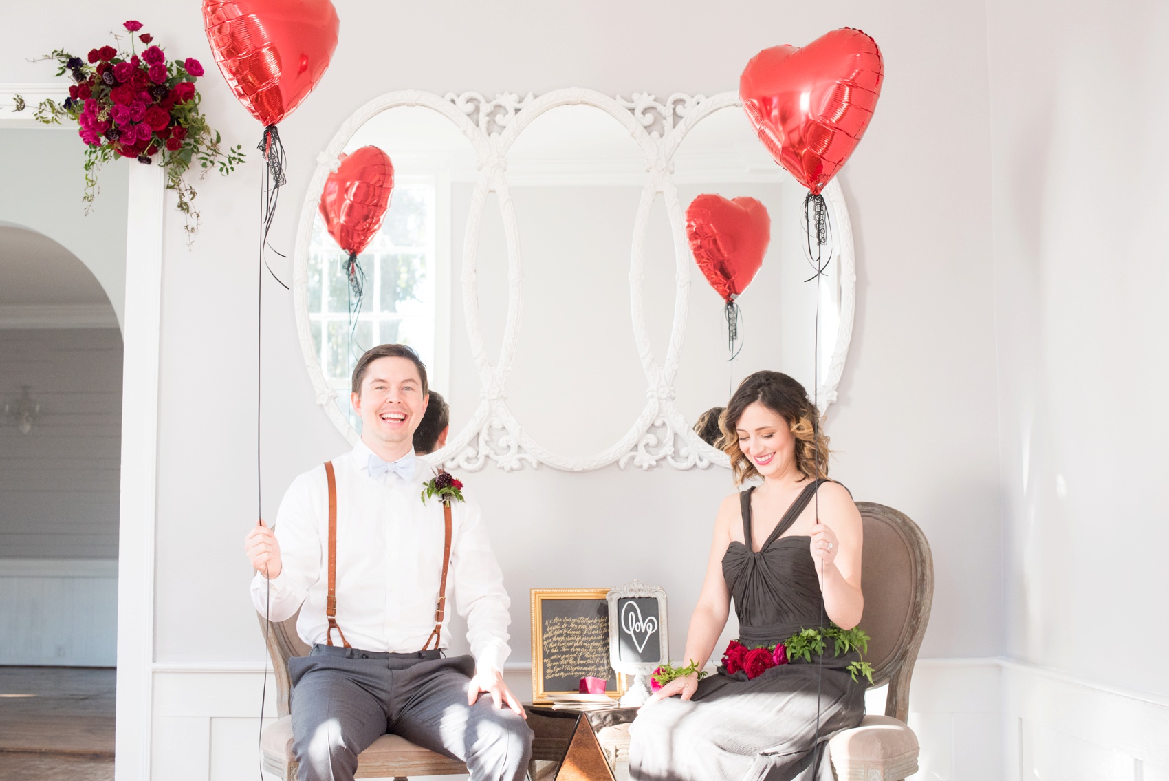 Leslie-Alford Mim's House NC marriage proposal photos by Mikkel Paige Photography. Red balloons and grey Amsale gown.