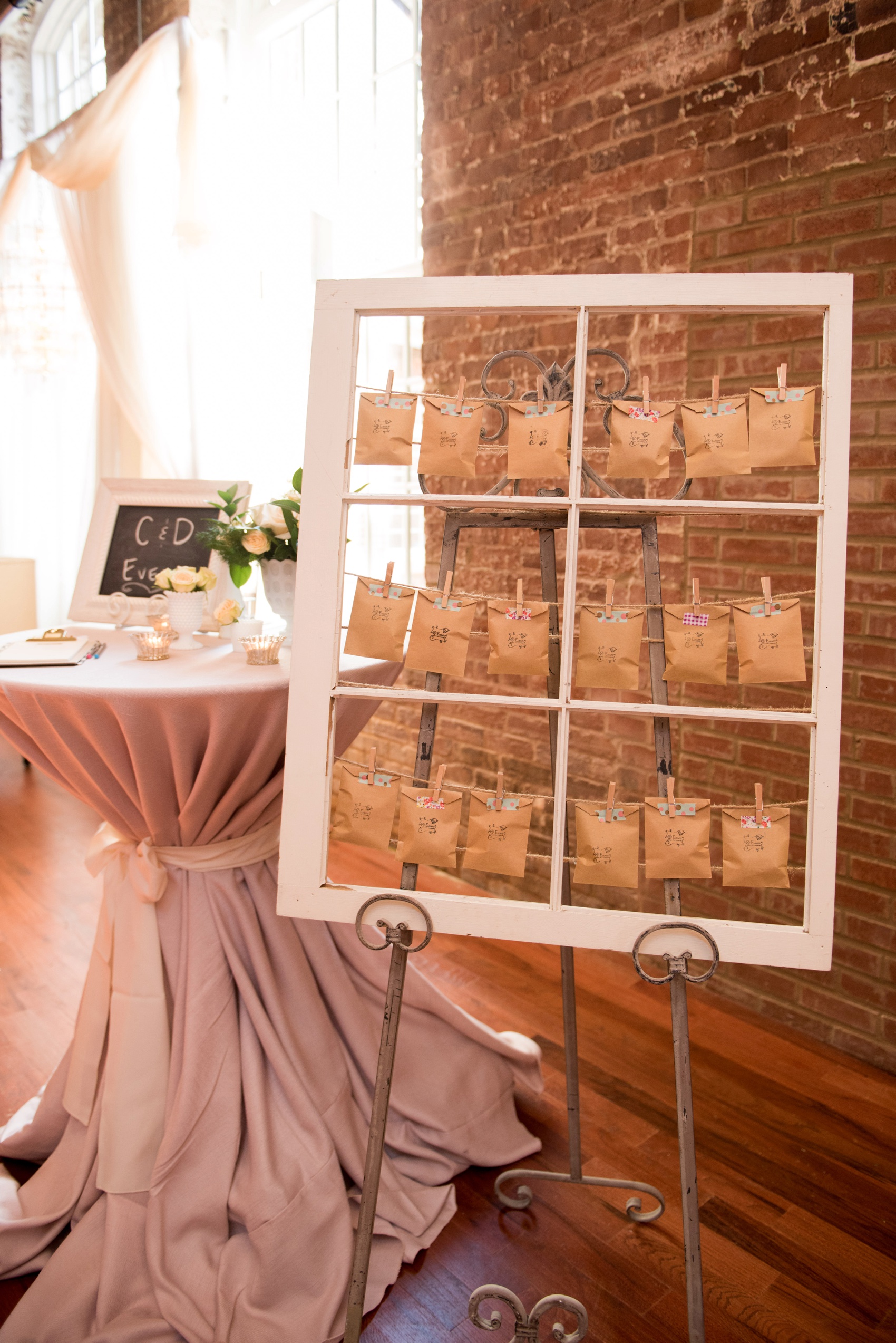 The Cloth Mill North Carolina wedding vendor showcase. Raleigh, Durham and Hillsborough vendors at a rustic, modern location. Window pane card display for C+D Events.