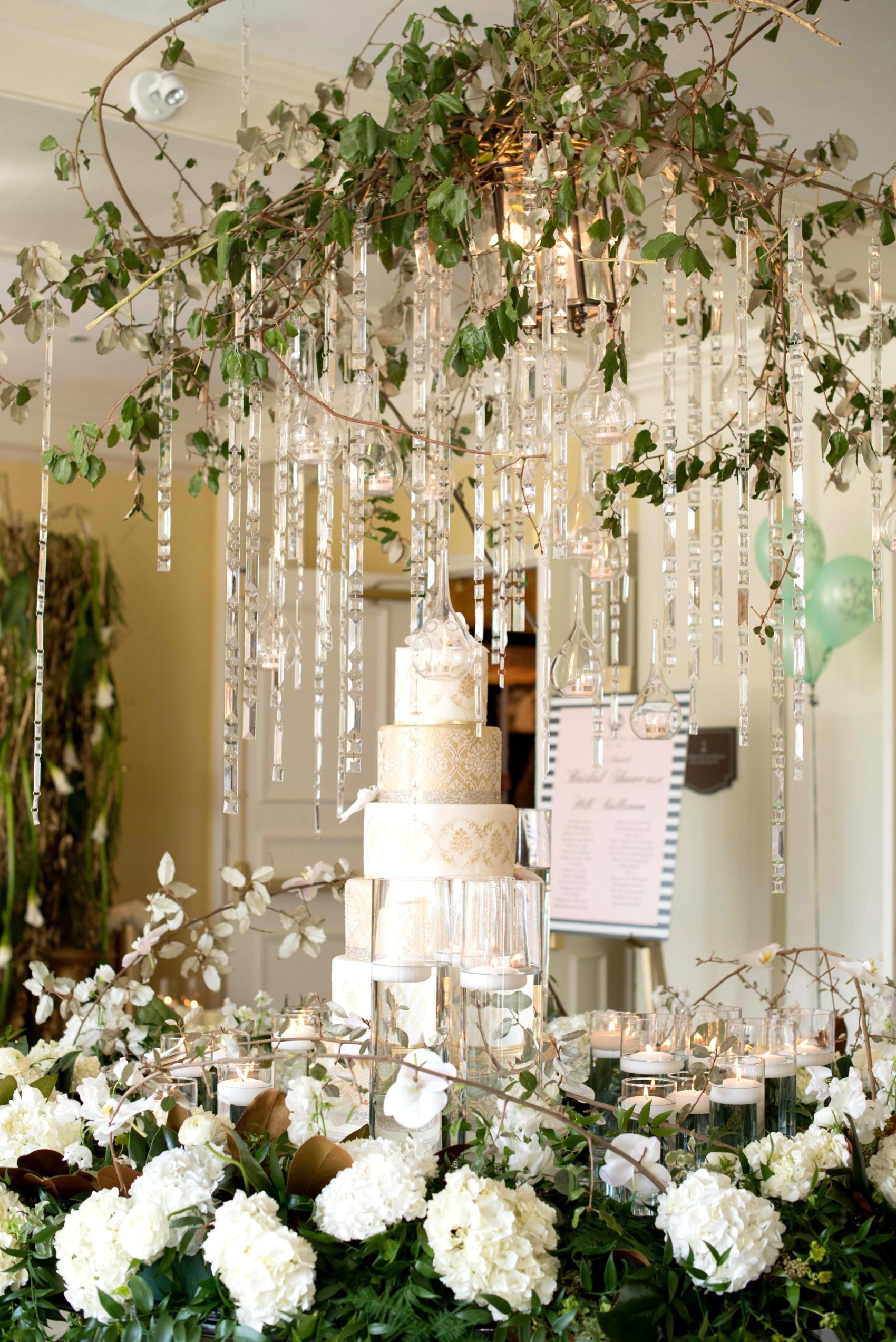 Wedding cake at The Carolina Inn with crystals around it.