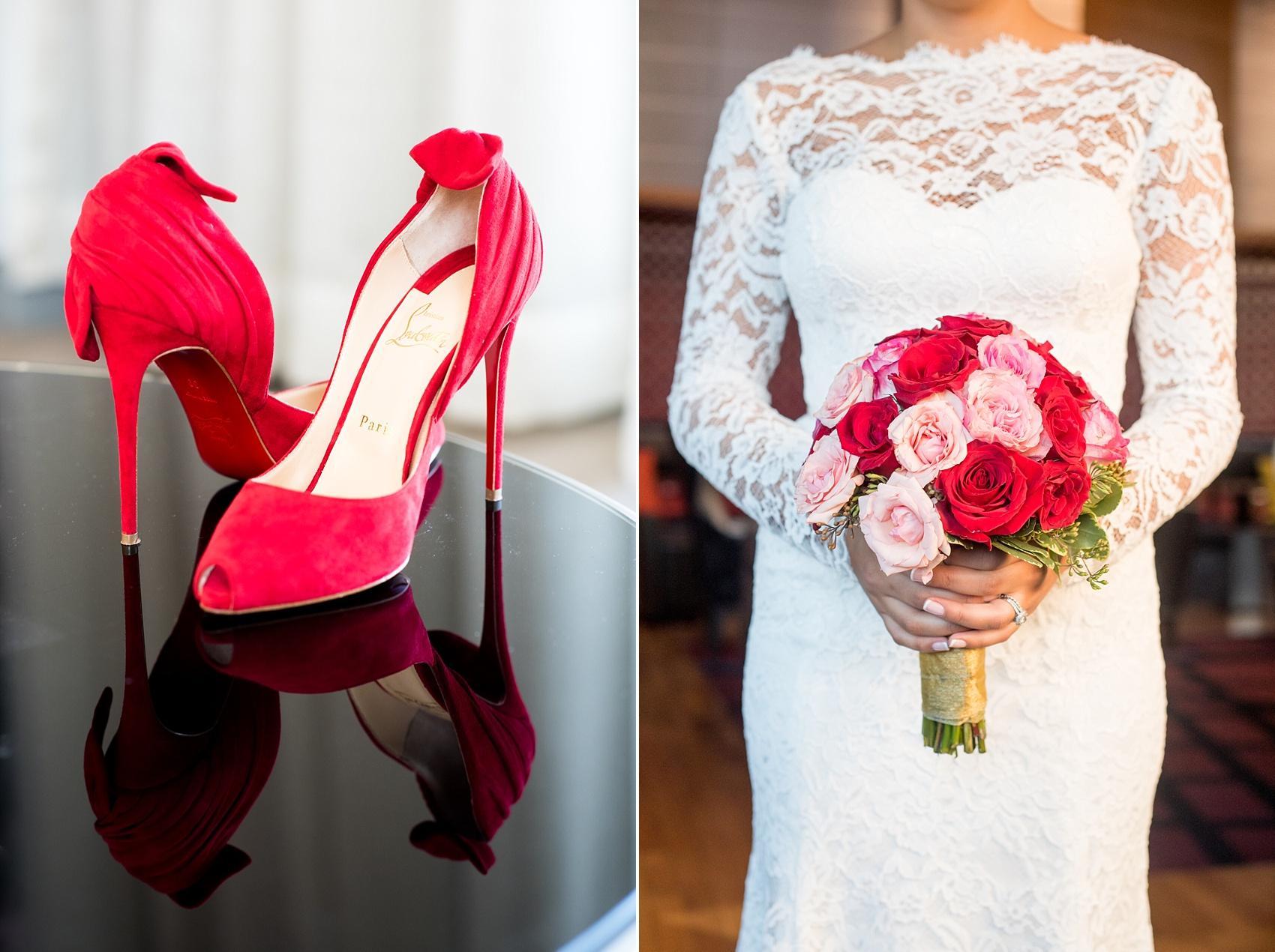 Red suede Christian Louboutin heels photo for the bride by Mikkel Paige Photography for a red, pink and black wedding. 