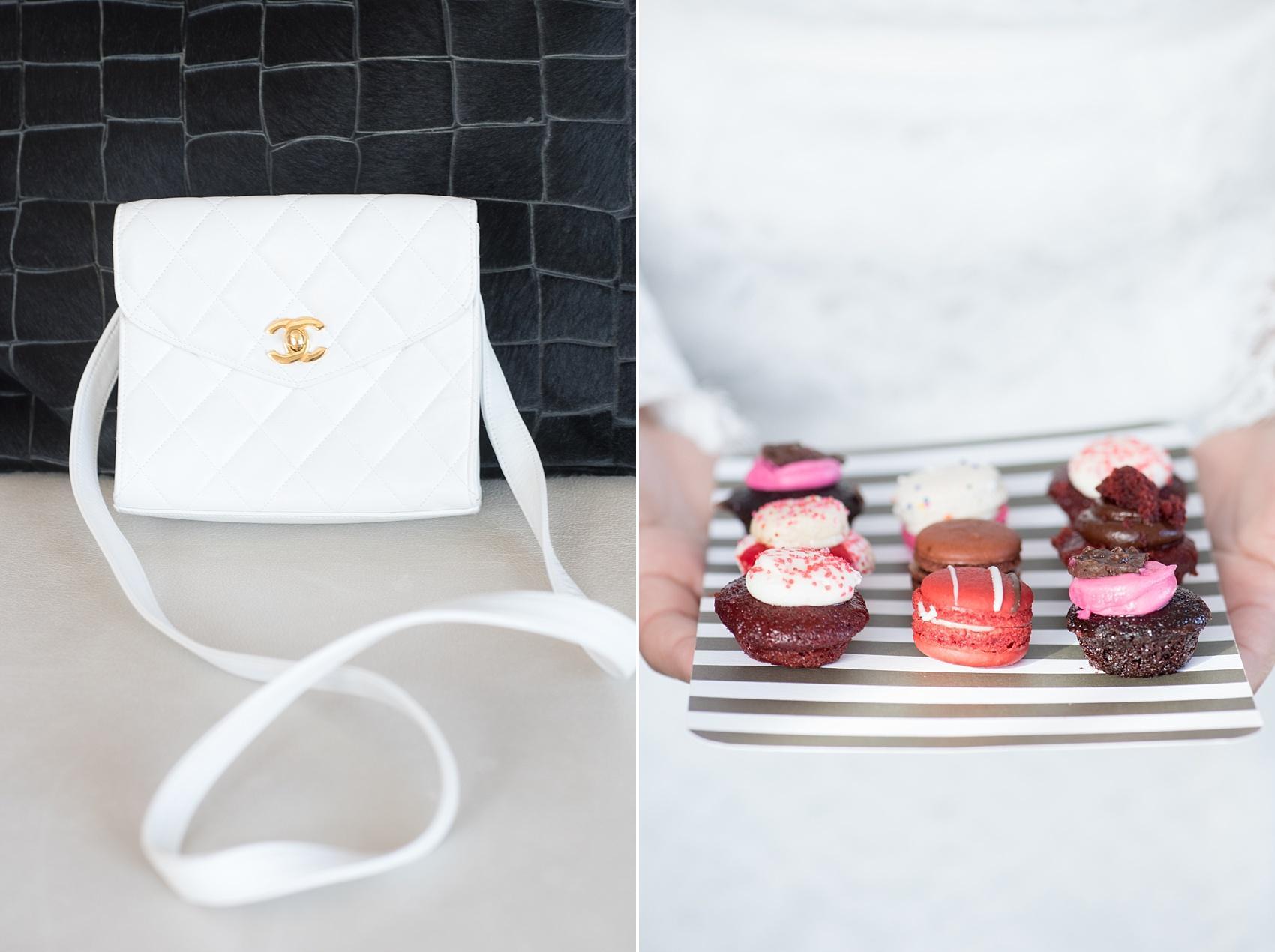 The bride gets ready for her wedding day with Baked by Melissa mini cupcakes and macarons. Complete with a white Chanel bag! Images by Mikkel Paige Photography for a red, pink and black wedding. 