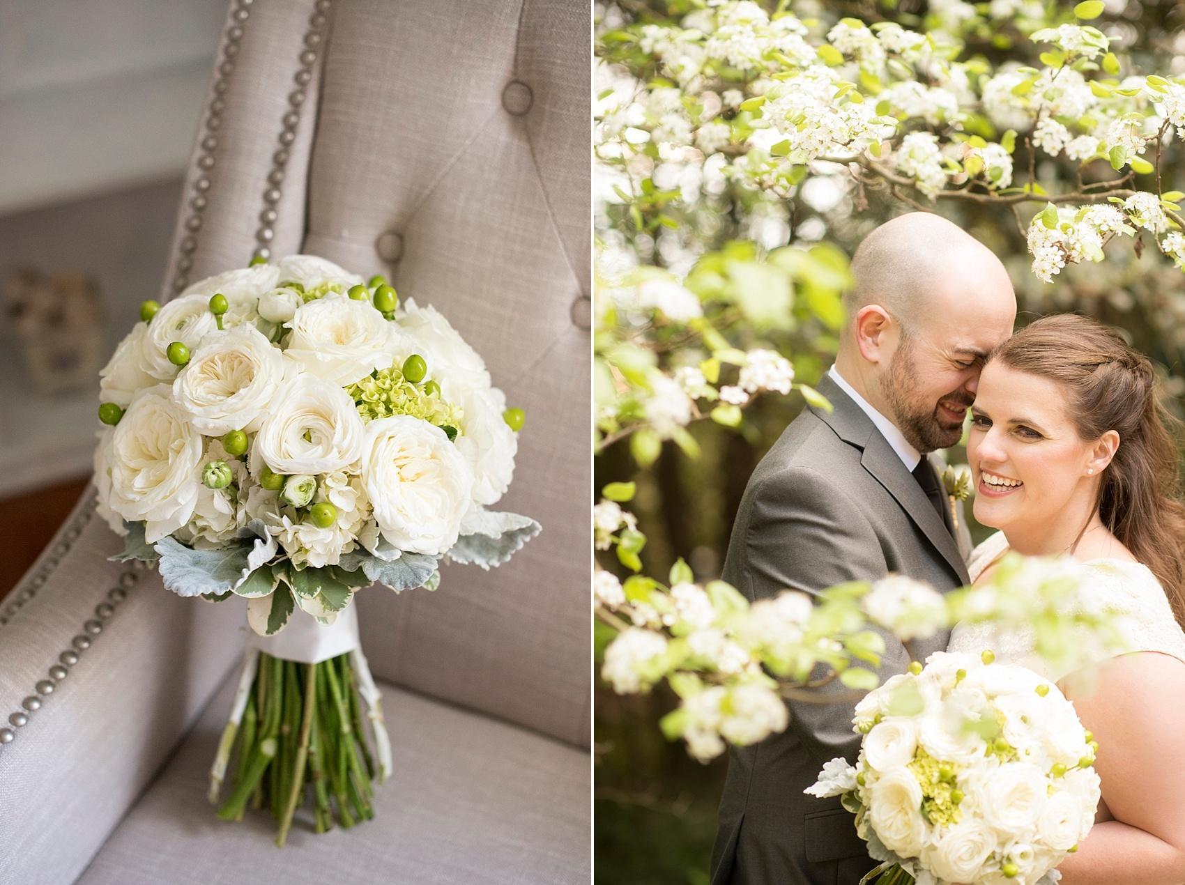 Four Oaks Manor wedding photos by Mikkel Paige Photography. Atlanta spring nuptials with a white ranunculus and Dusty Miller bouquet.