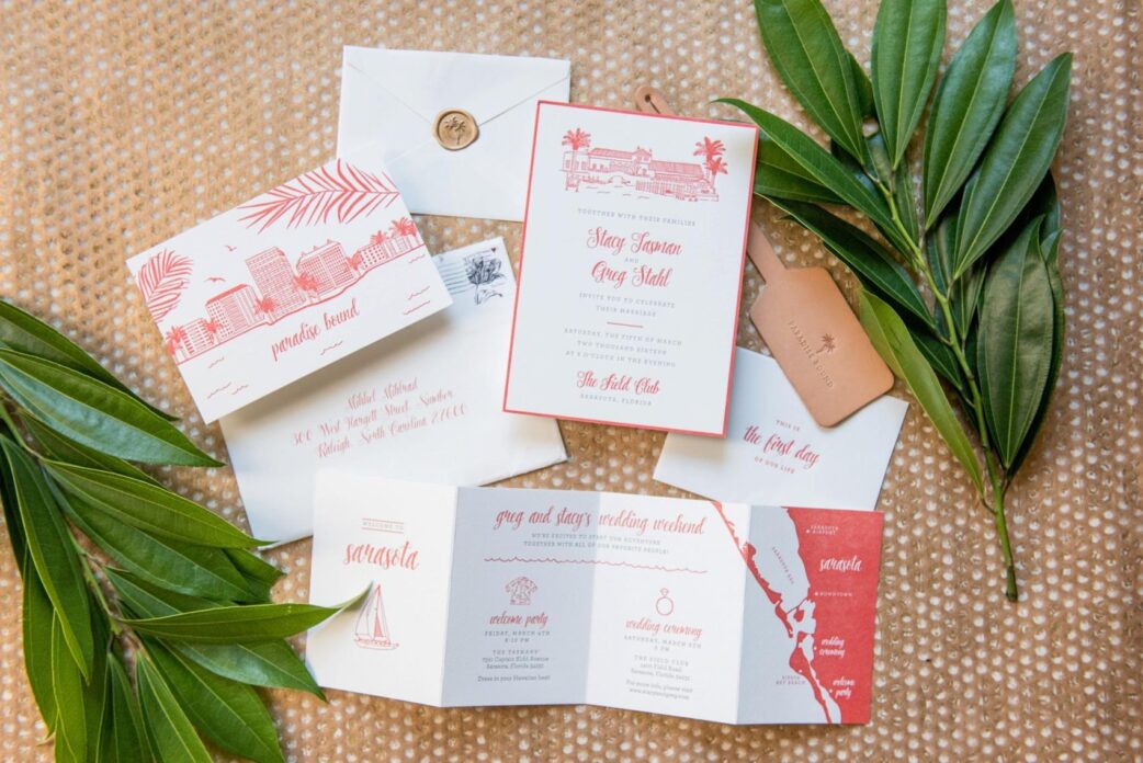 Mikkel Paige Photography image of an orange and white letterpress Florida invitation by Fourteen Forty.