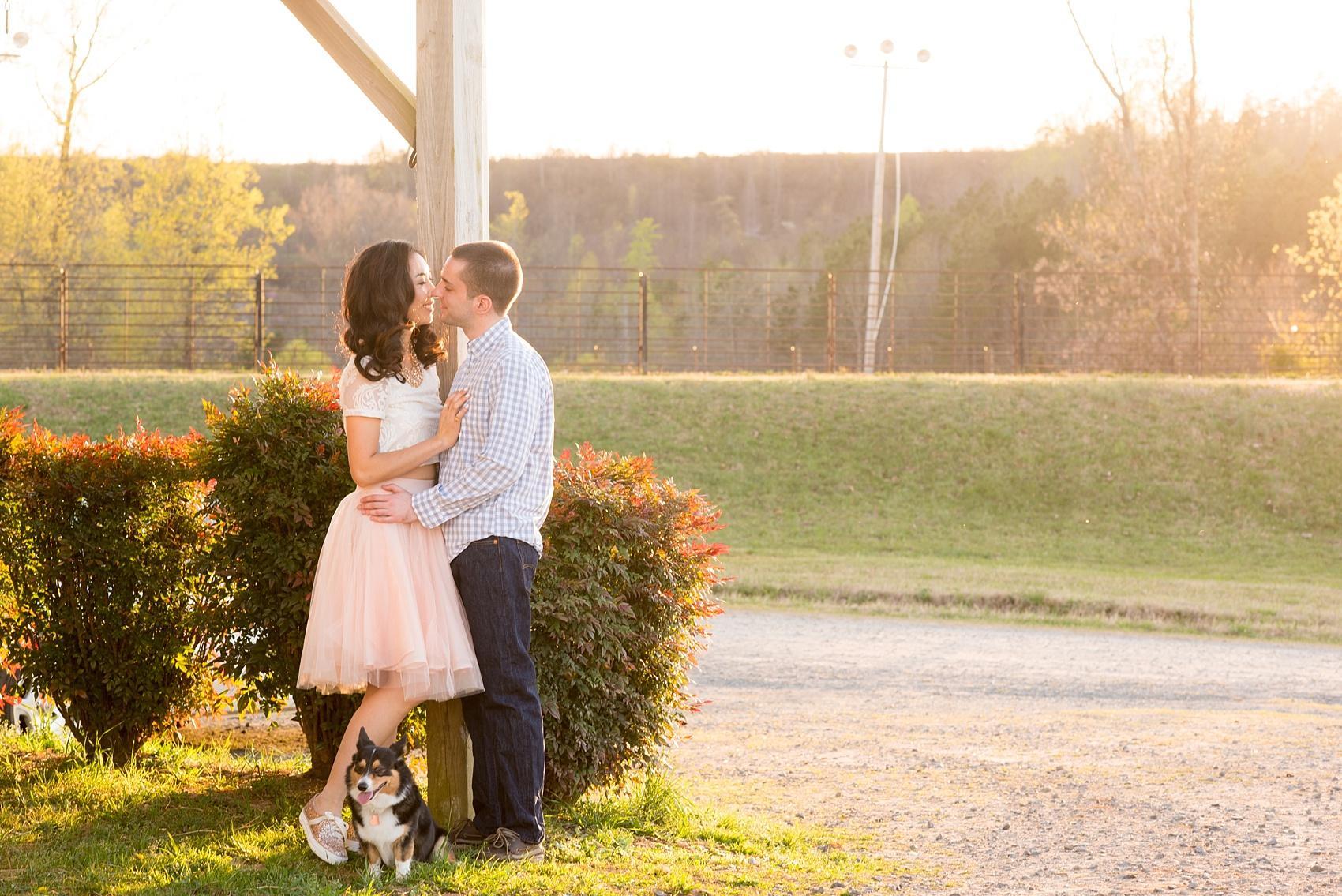 Raleigh farm engagement photos during the golden hour with their Corgi dog. Images by Mikkel Paige Photography. 